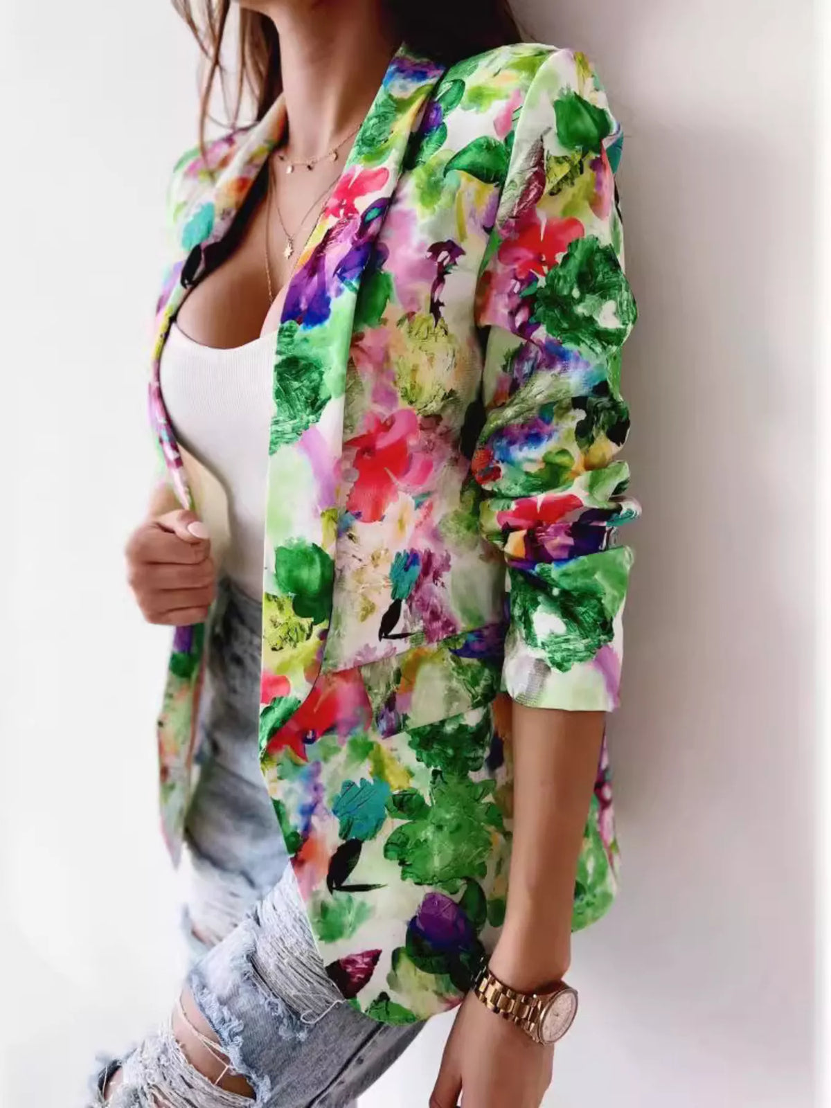 Floral print open-front blazer with patch pockets, green and pink tones, 3/4 sleeves