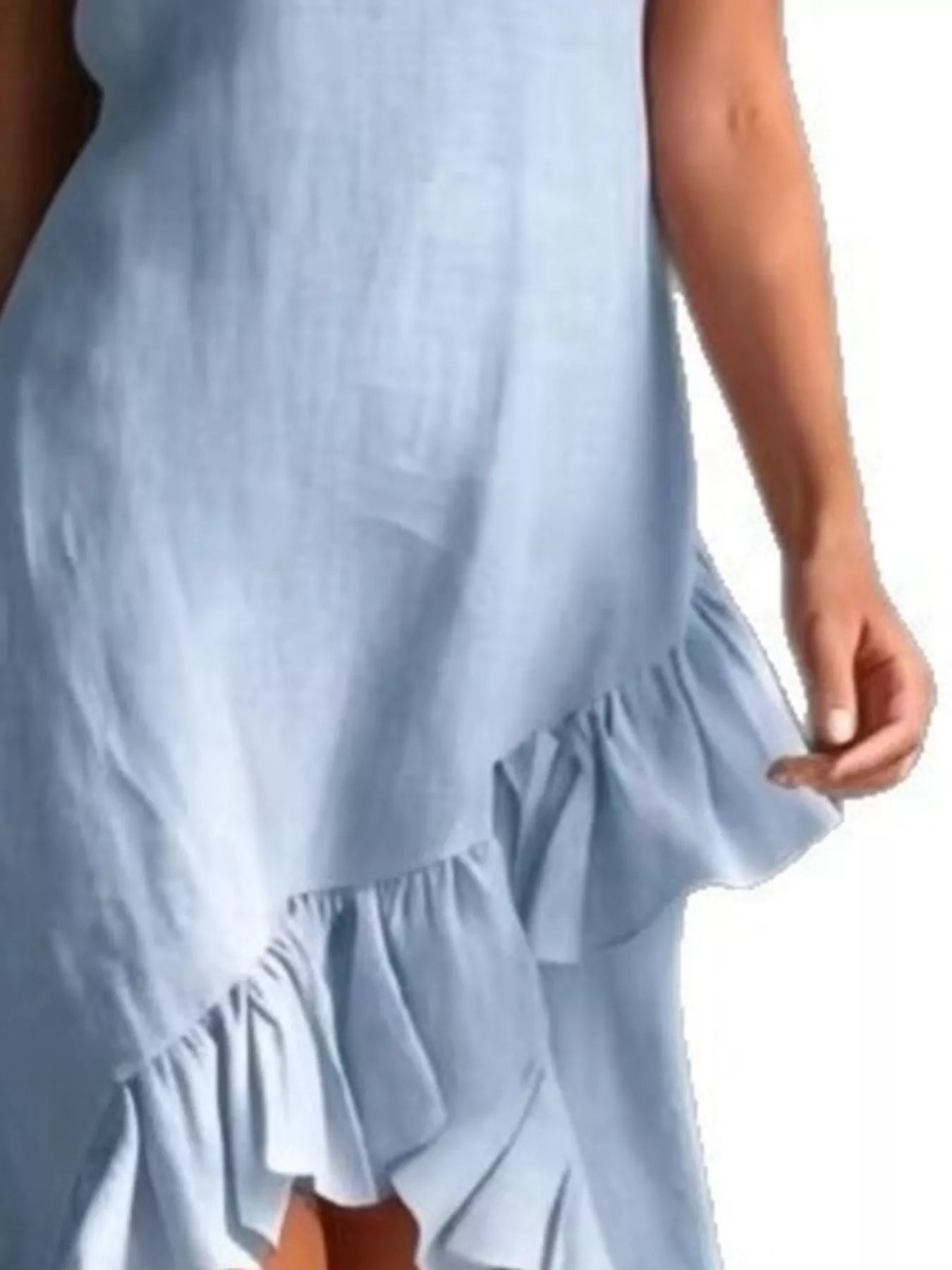 Light blue V-neck sleeveless dress with layered ruffle skirt hem