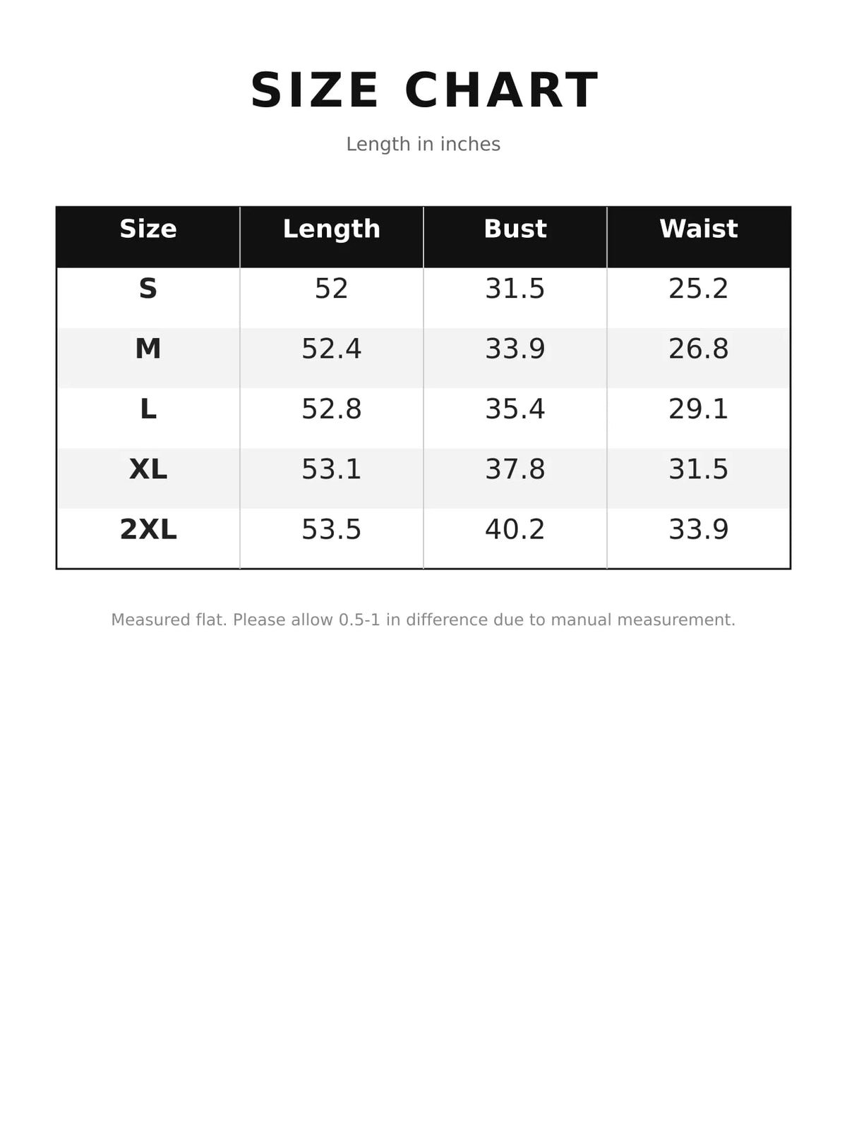 Size chart table for maxi dress: length, bust, and waist in inches