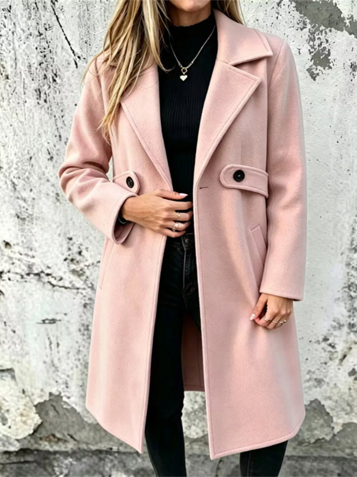 Light pink longline polyester coat with notched lapel and button flap pockets