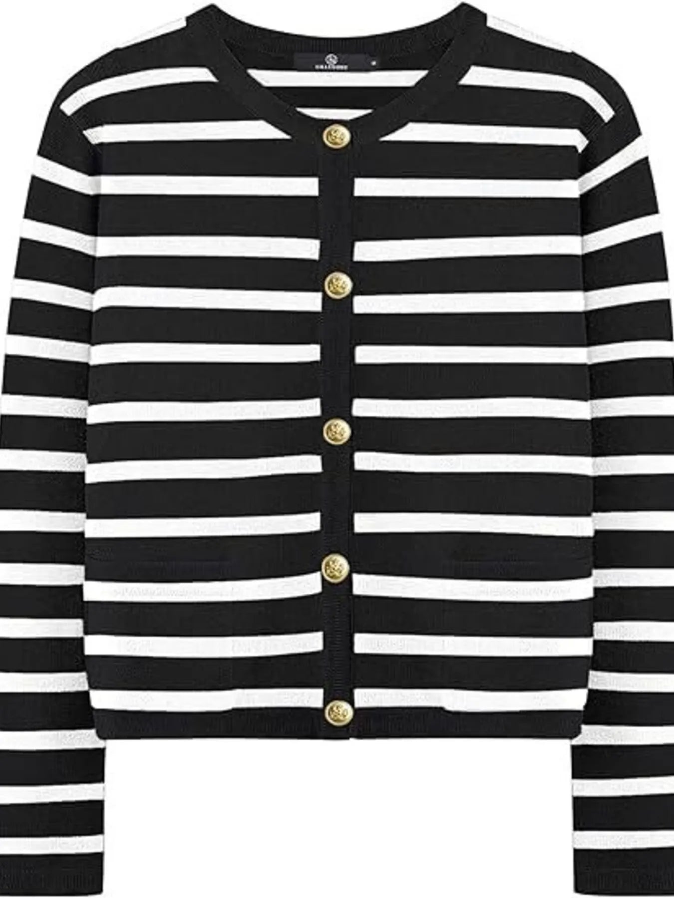 Black and white striped button-up cardigan front with gold buttons and V collar
