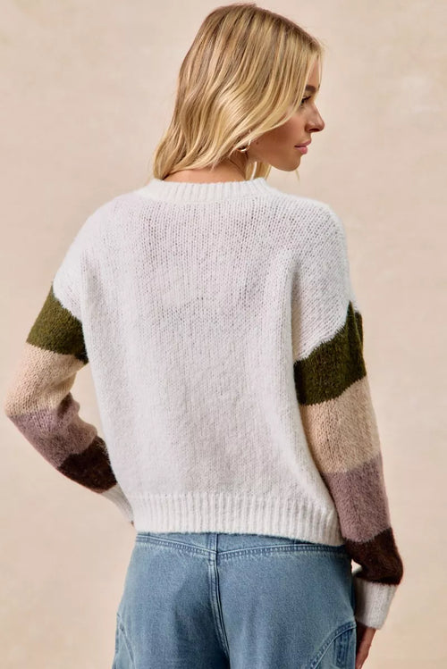 Ivory flower color block sweater, ribbed crew neck and striped sleeves, back view