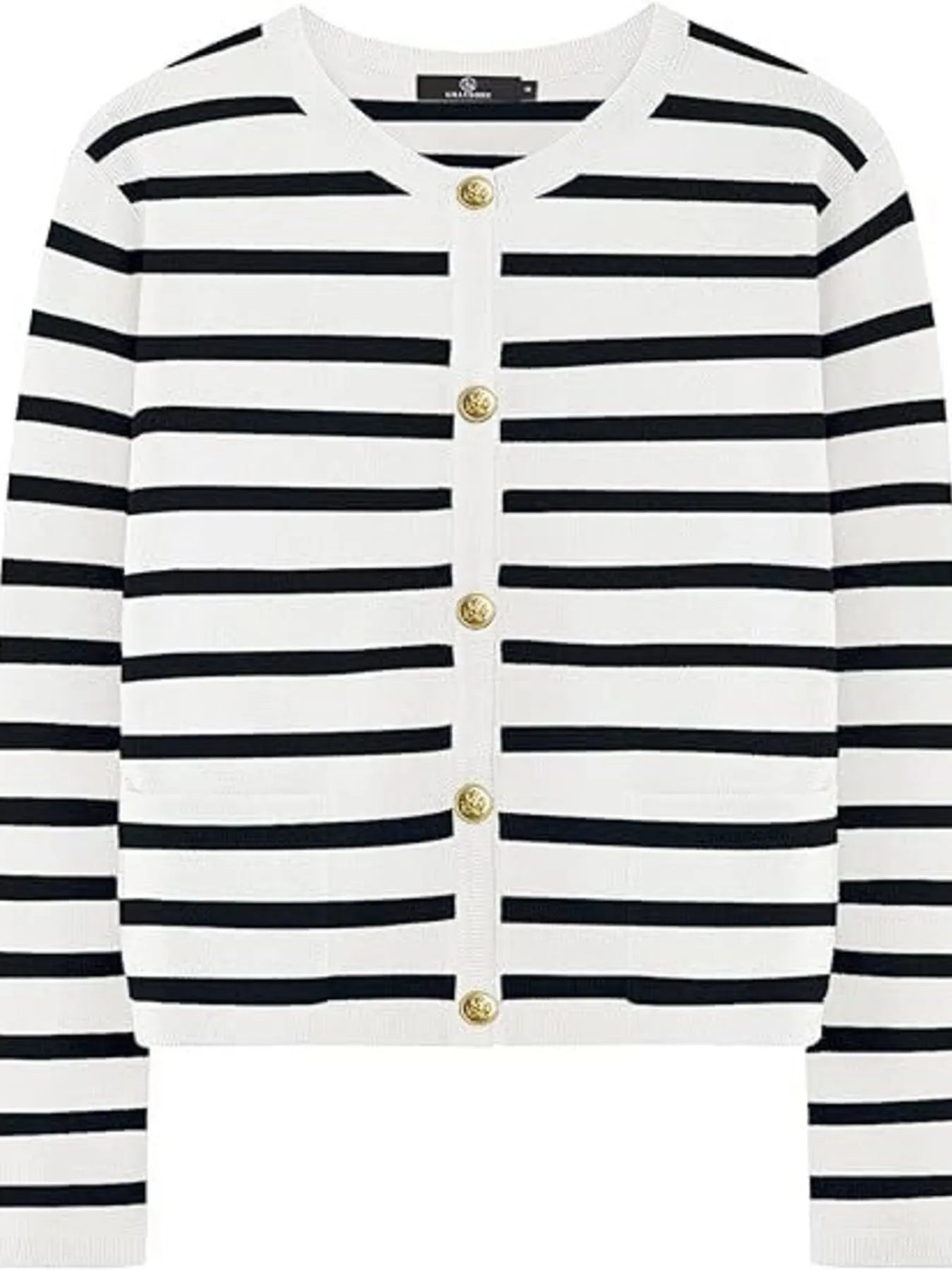 White and black striped button-up cardigan close-up with gold buttons on front placket