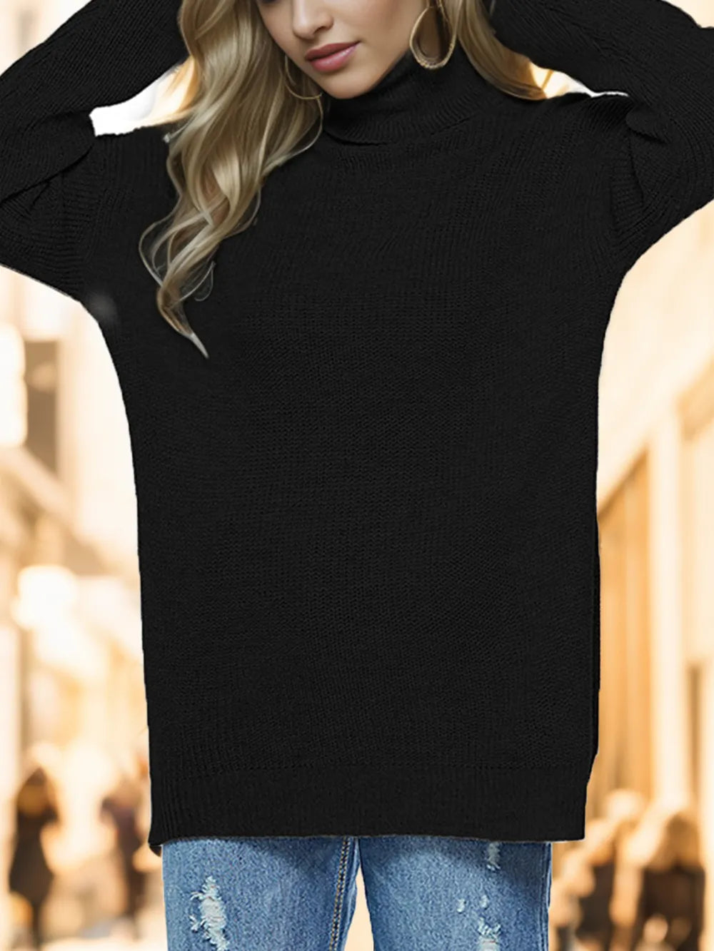 Black turtleneck drop-shoulder long-sleeve sweater with wide neckline and ribbing