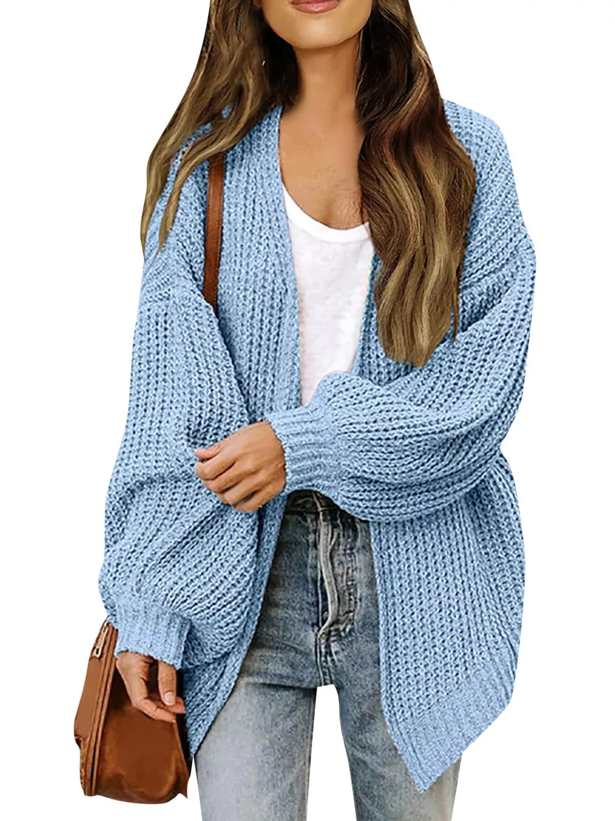 Waffle knit open-front chunky cardigan, light blue, open front and long sleeves