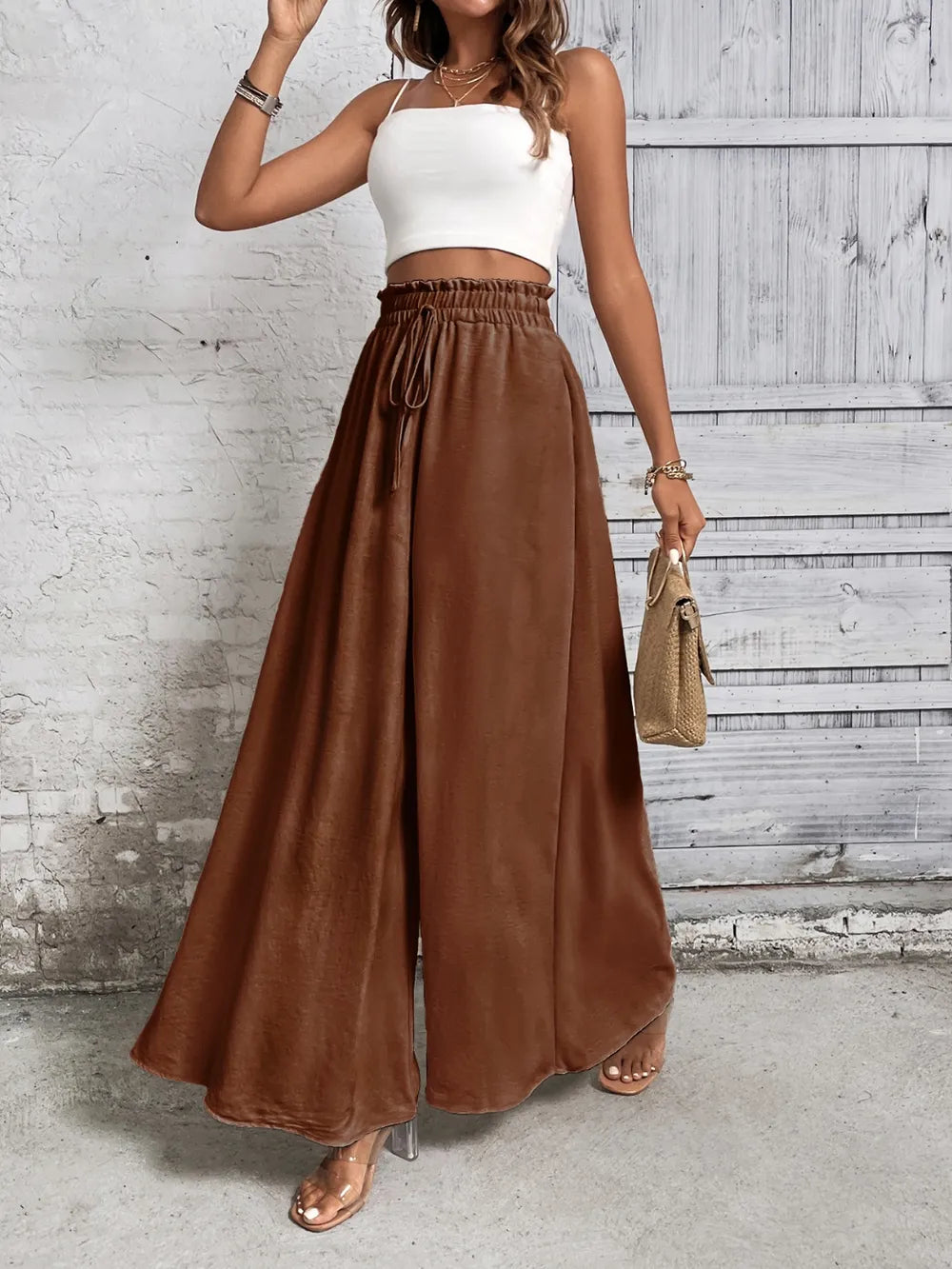 High-waist wide-leg pants in chocolate brown with drawstring tie and gathered waist