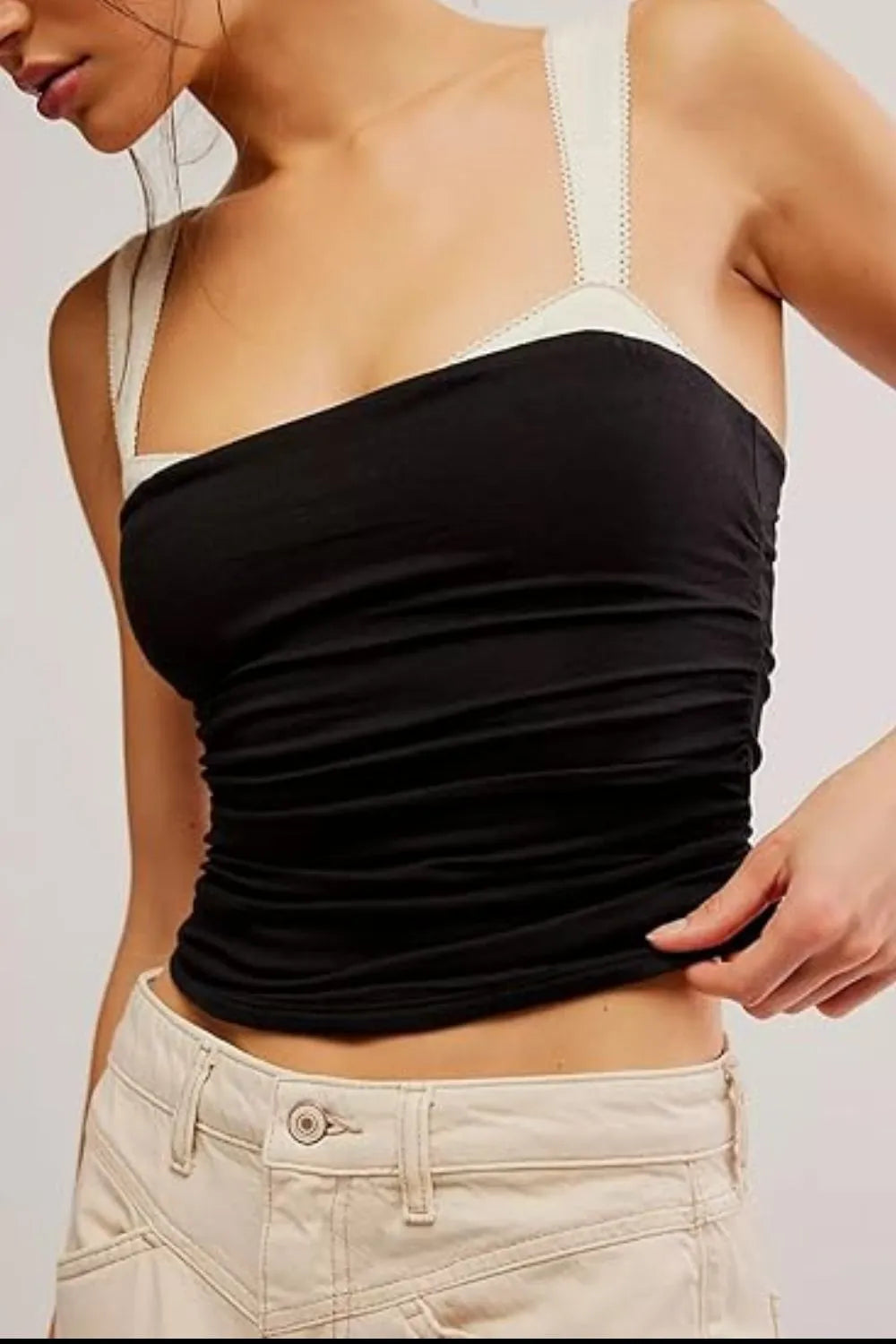 Black square-neck wide-strap cami with ruched front, wide straps