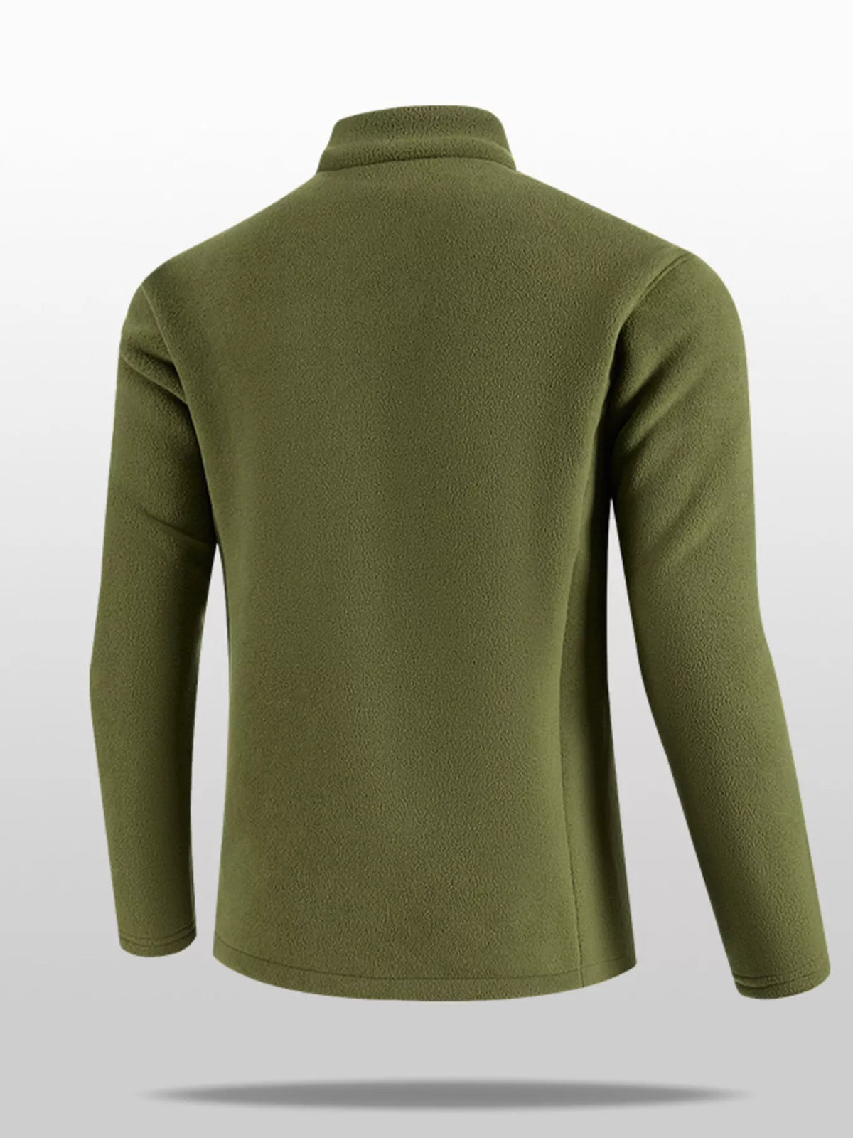Men's army green zip-up jacket back view with stand collar and long sleeves