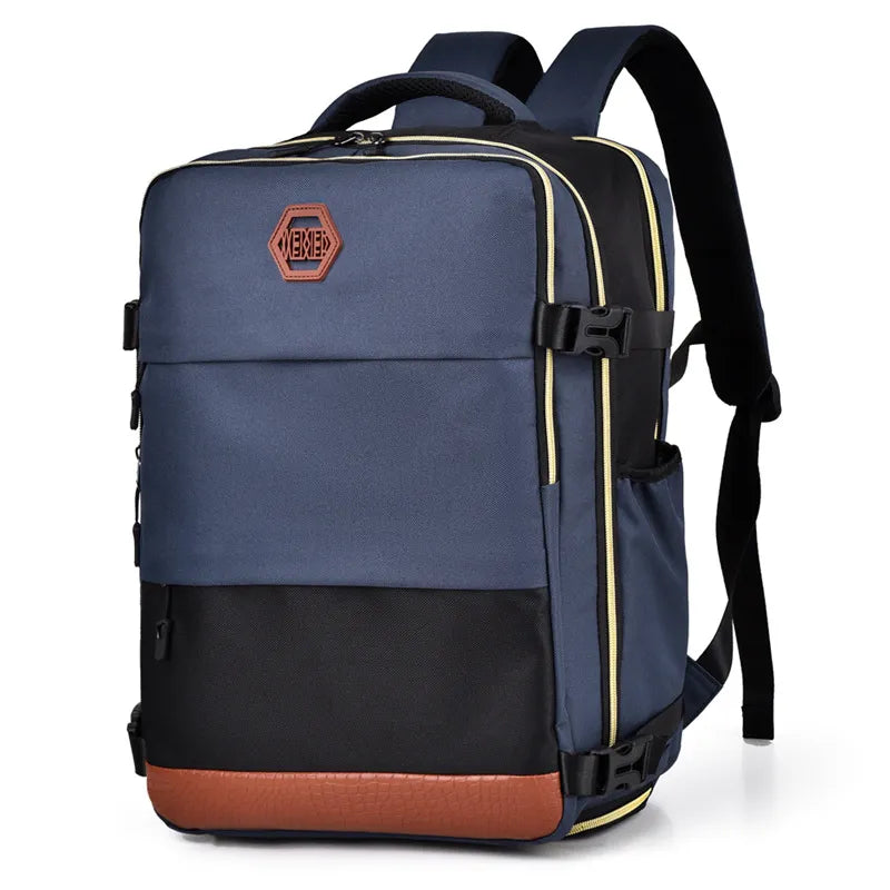 Multi-pocket backpack bag in dusty blue with black bottom and brown base; front buckles