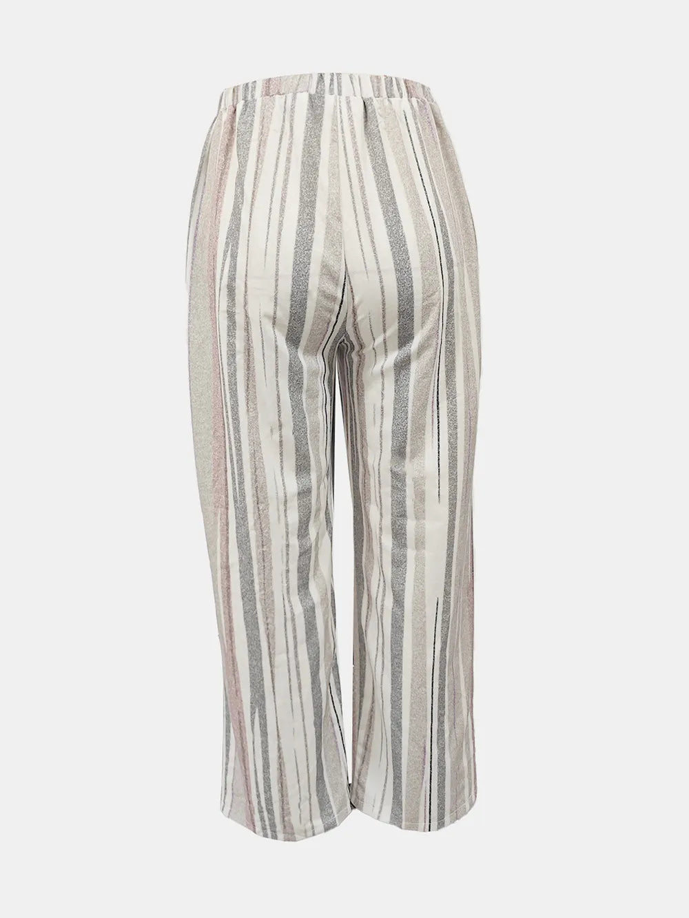 Striped wide-leg pants with vertical stripes in light gray, beige, and taupe