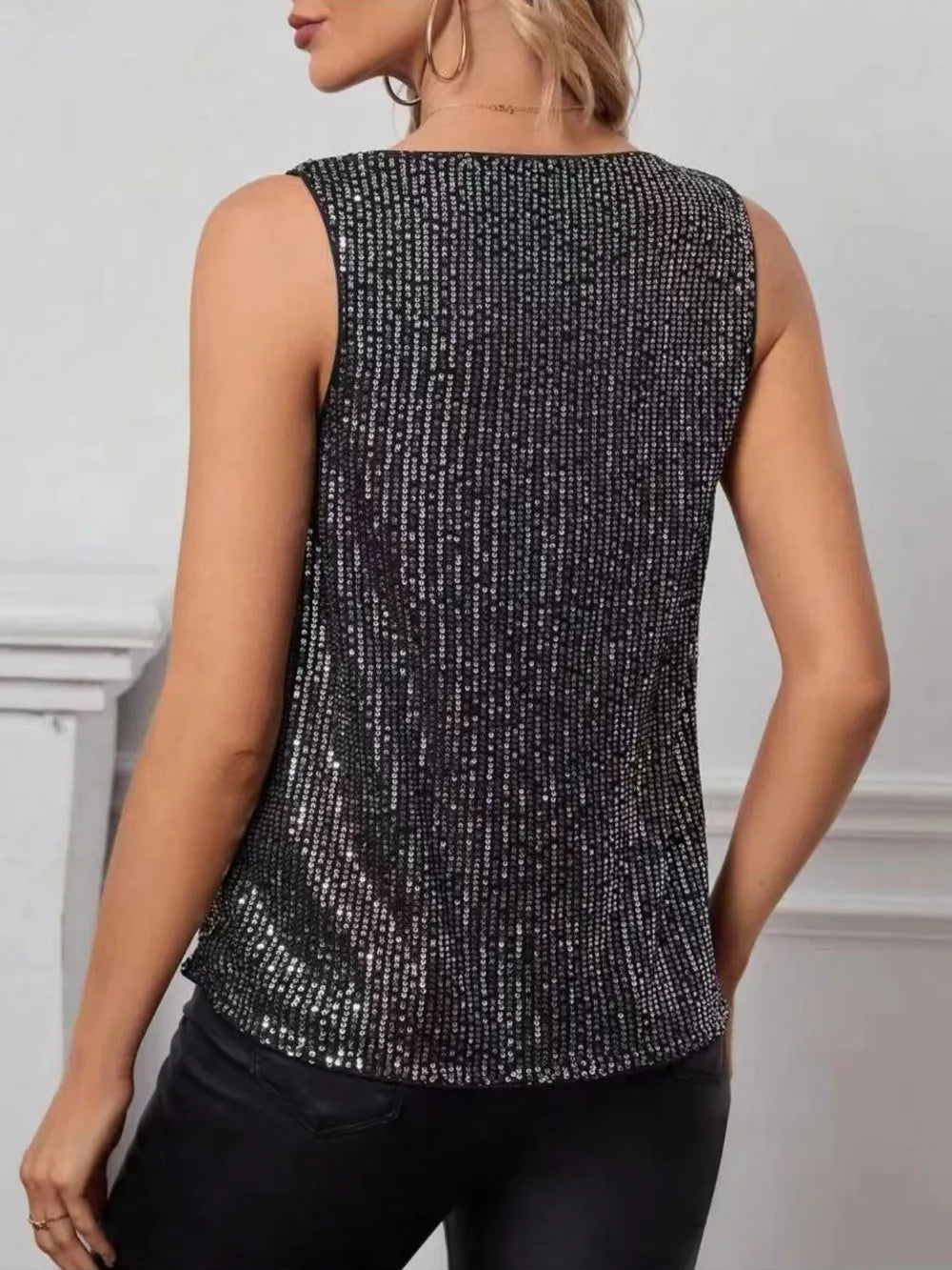 Dark sequin sleeveless tank top with cowl neckline and back coverage