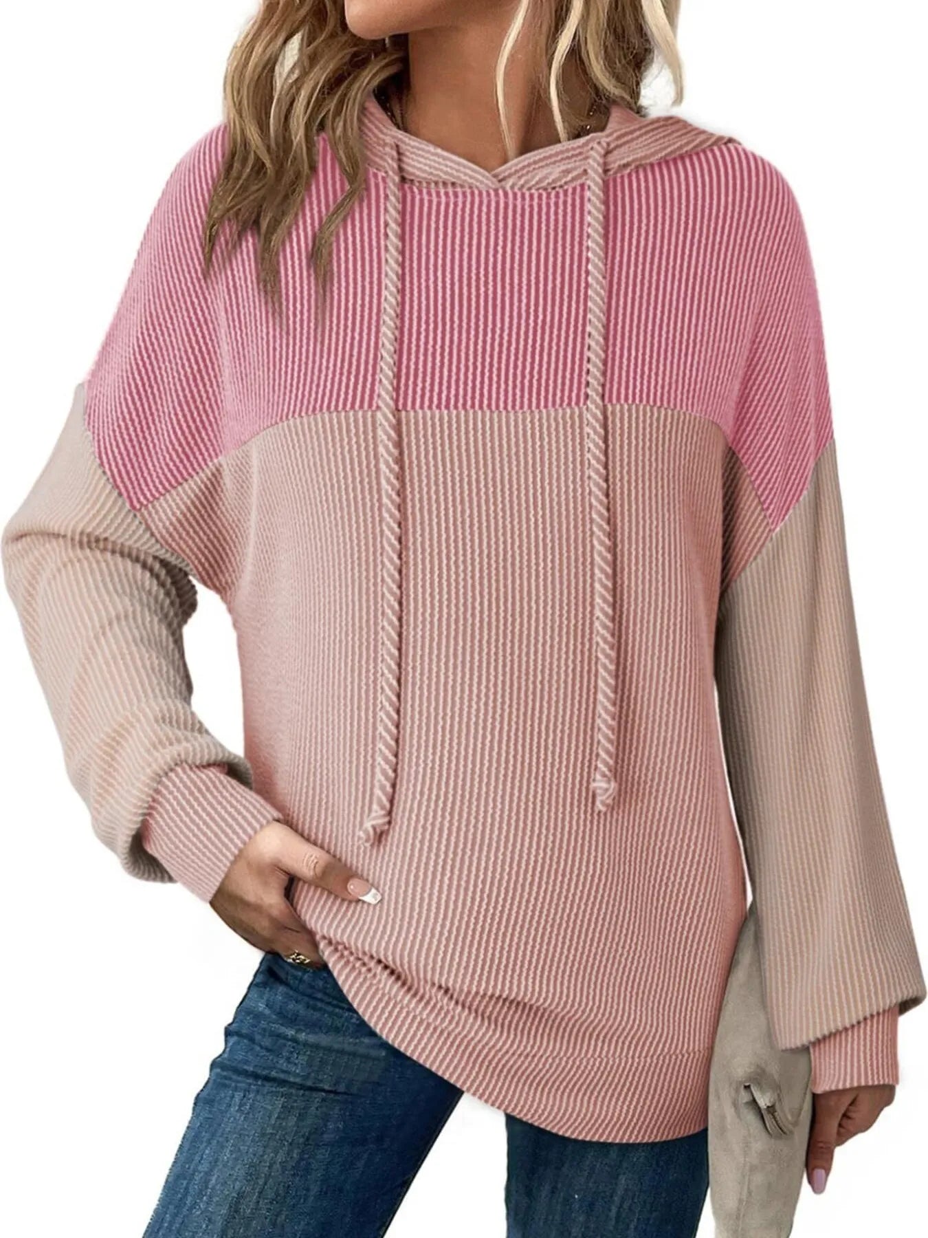 Color-block long-sleeve hoodie with hood and drawstring, pink upper, cream middle, tan side sleeves