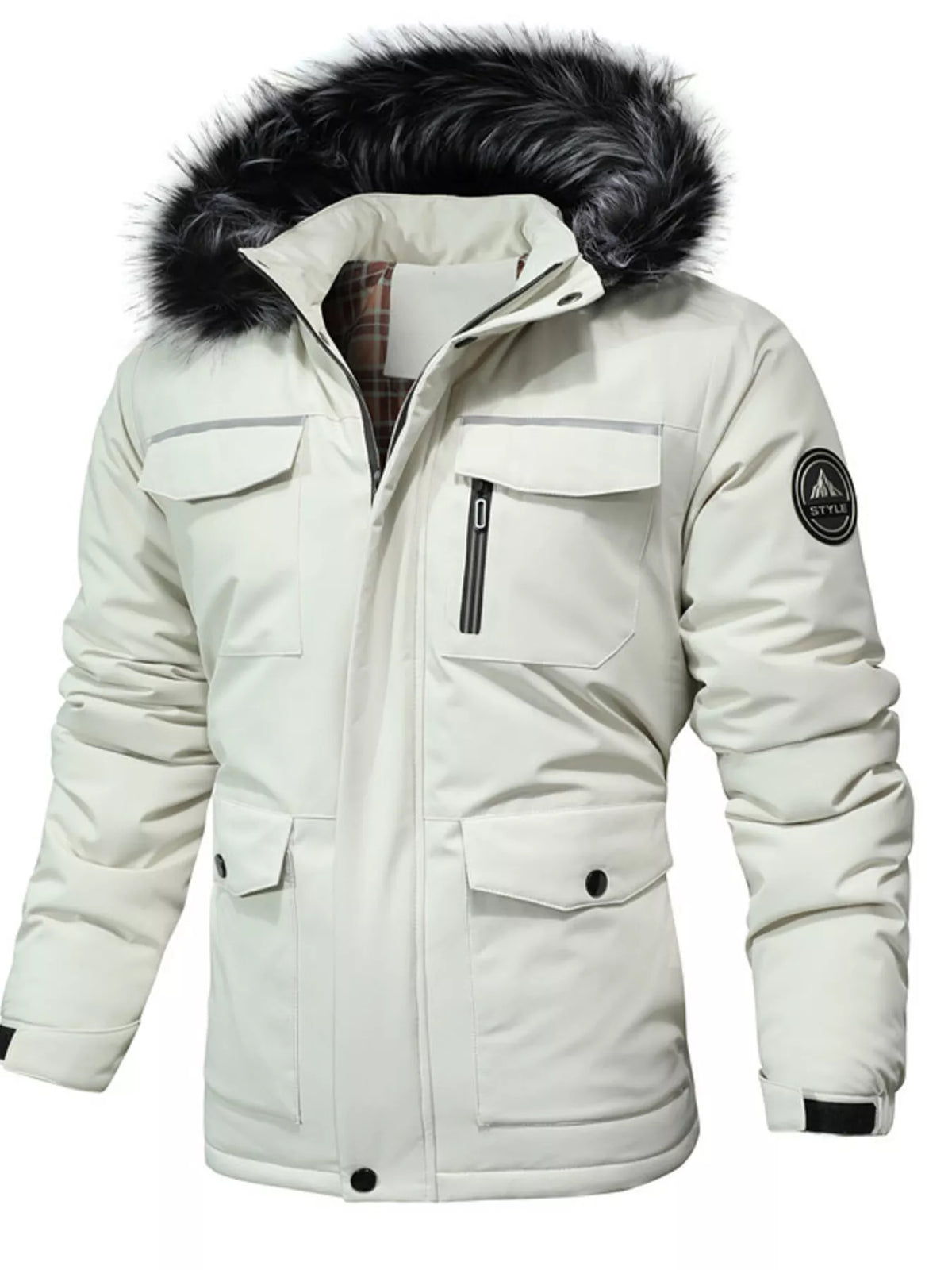 Men's fur-hooded parka jacket in ivory white with faux fur hood trim and zipper