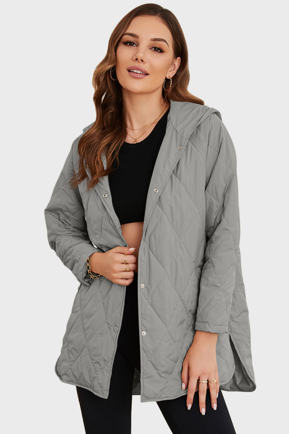 Light gray hooded winter coat with snap front and quilted diamond pattern