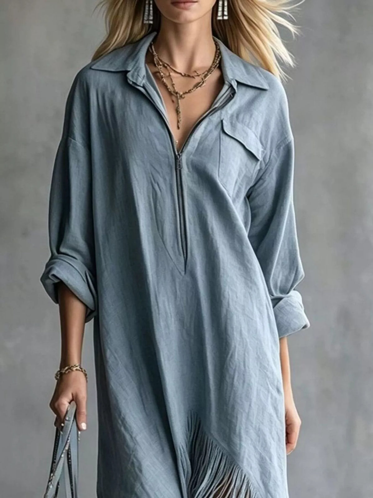 Dusty blue midi dress with front zipper and collared neckline