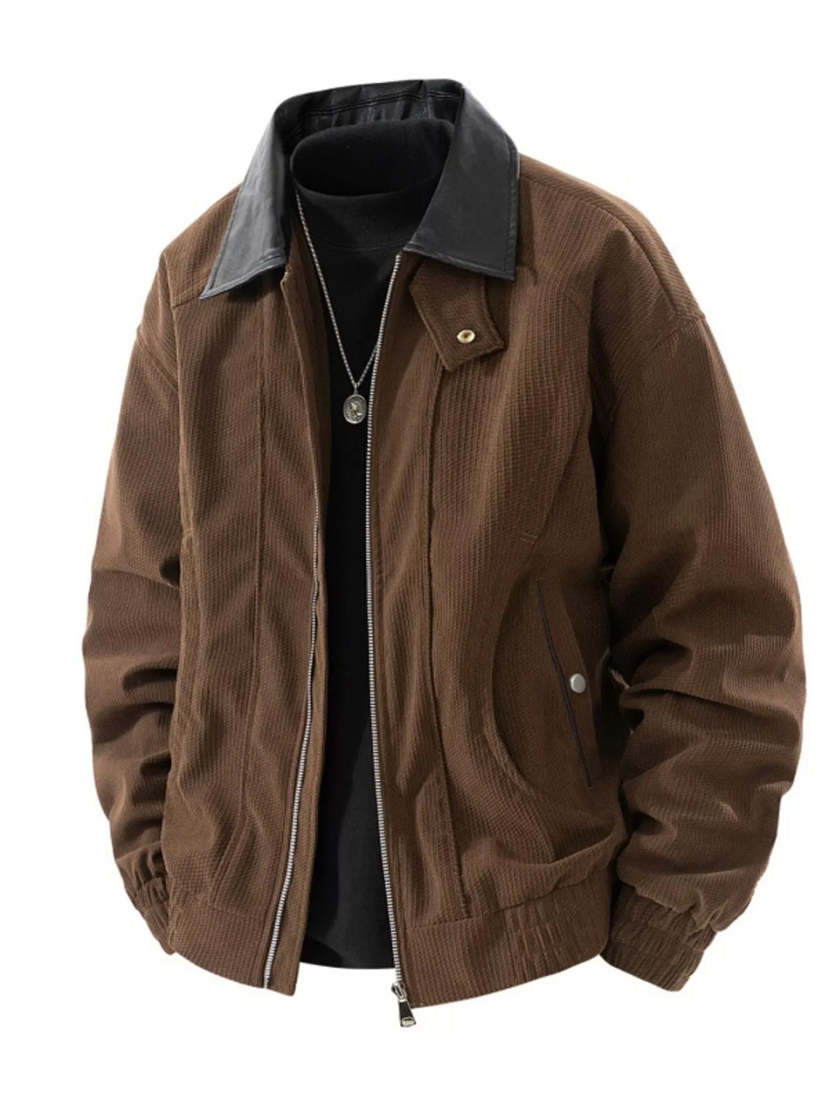 Men's corduroy zip-up jacket with faux leather collar, front pockets, brown
