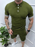 Men's army green polo and shorts set with striped sleeve cuffs and button placket.