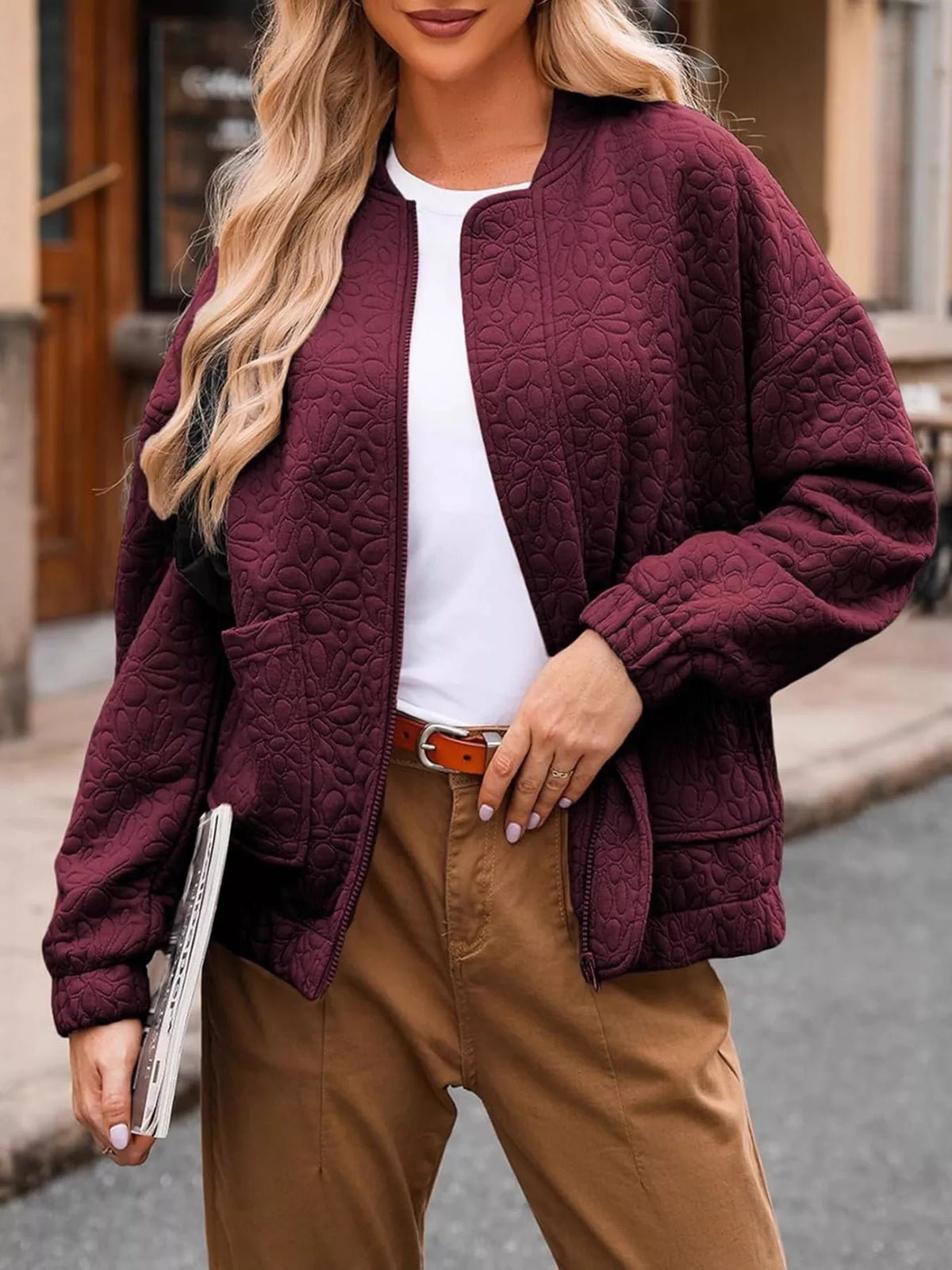 Quilted zip-up jacket with pockets, wine red floral-texture front