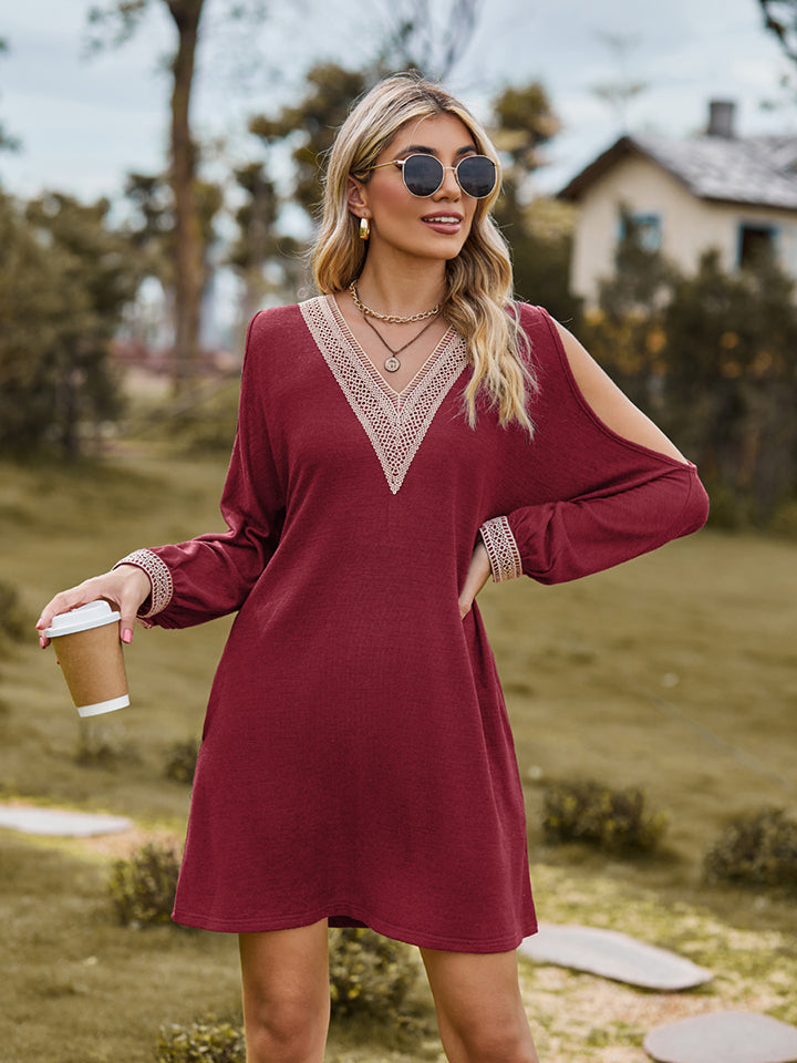 Wine V-neck cutout sleeve mini dress with lace V-neck trim and flared sleeves