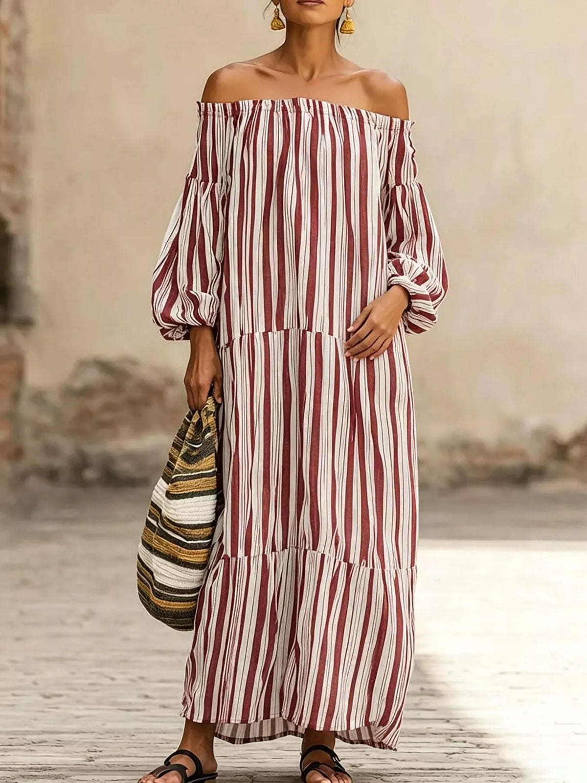Off-shoulder striped maxi dress in burgundy and white, tiered skirt, gathered sleeves