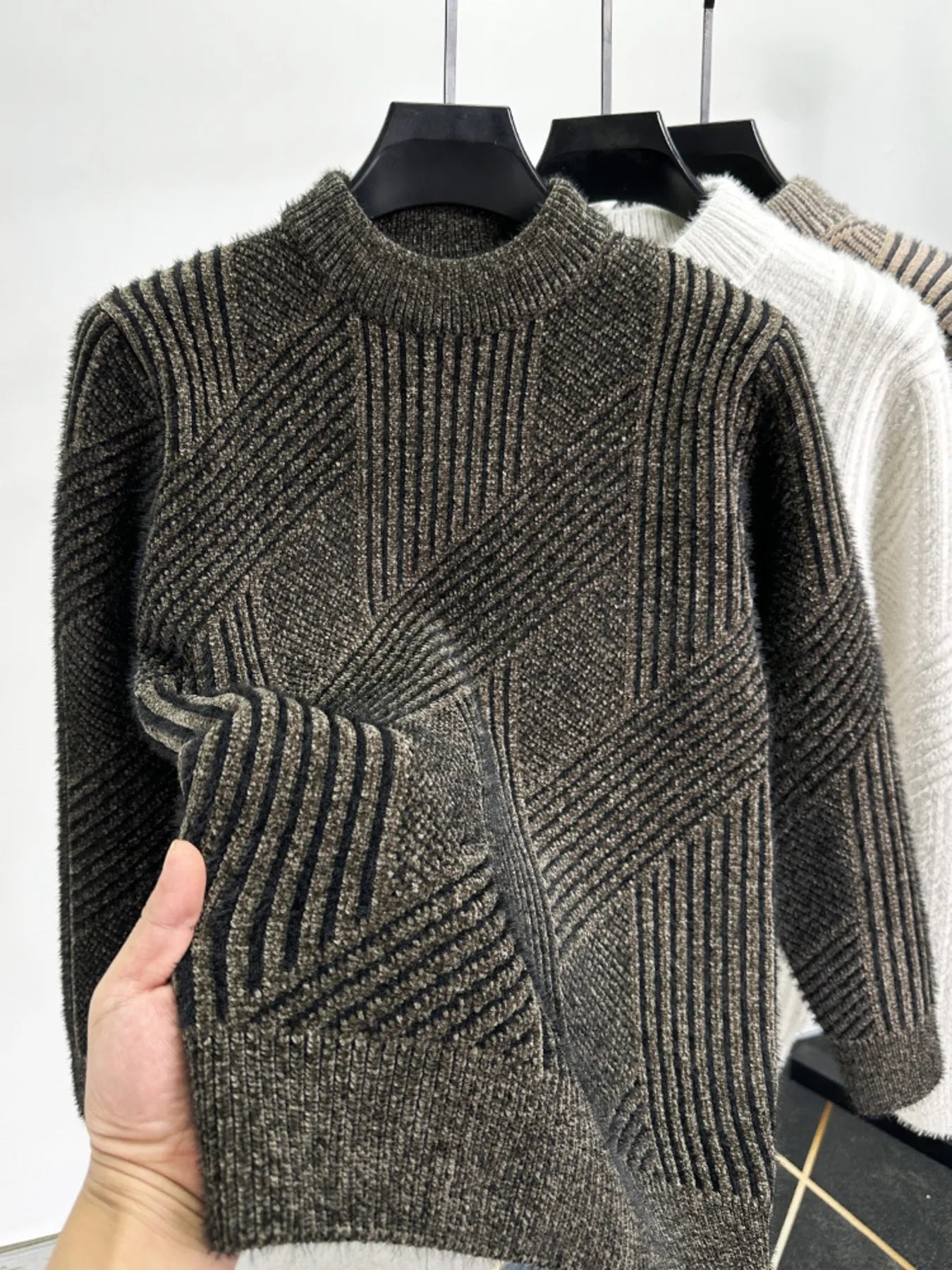 Men's ribbed knit long-sleeve sweater, dark gray with textured geometric pattern