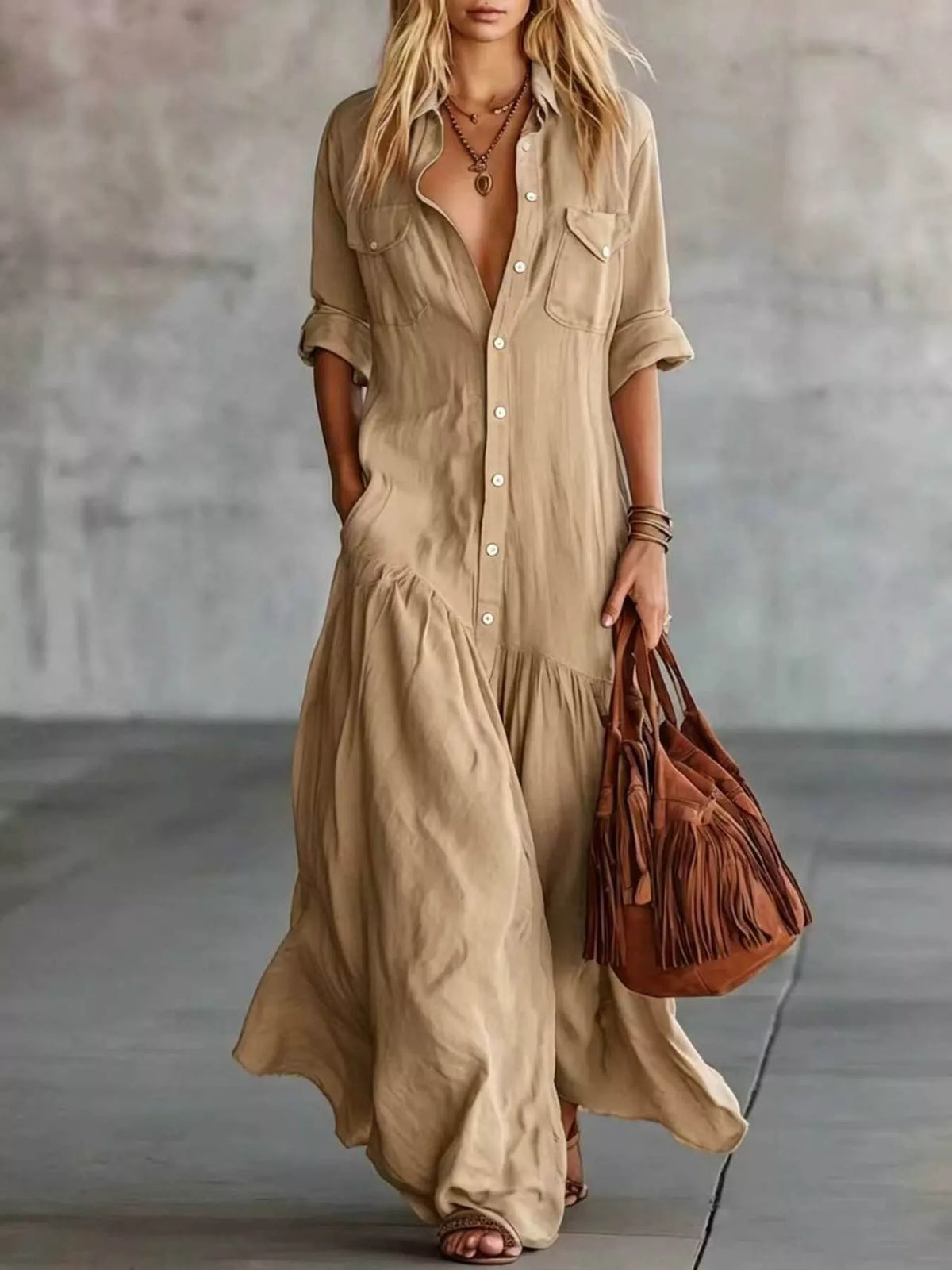 Khaki button-front maxi dress with roll-up sleeves and patch pockets