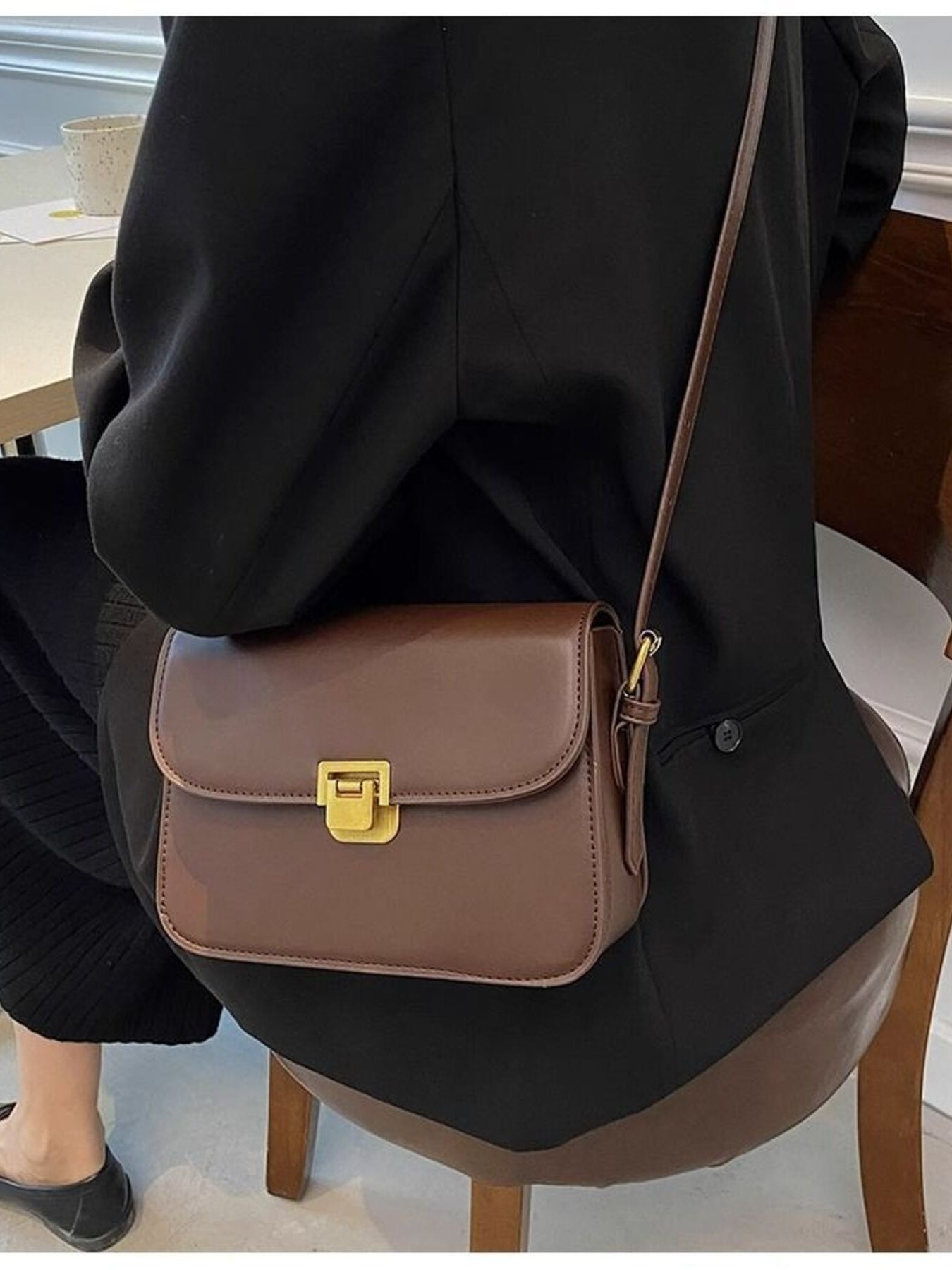 Buckle Flap Shoulder Bag in brown PU leather with gold-tone square buckle and crossbody strap