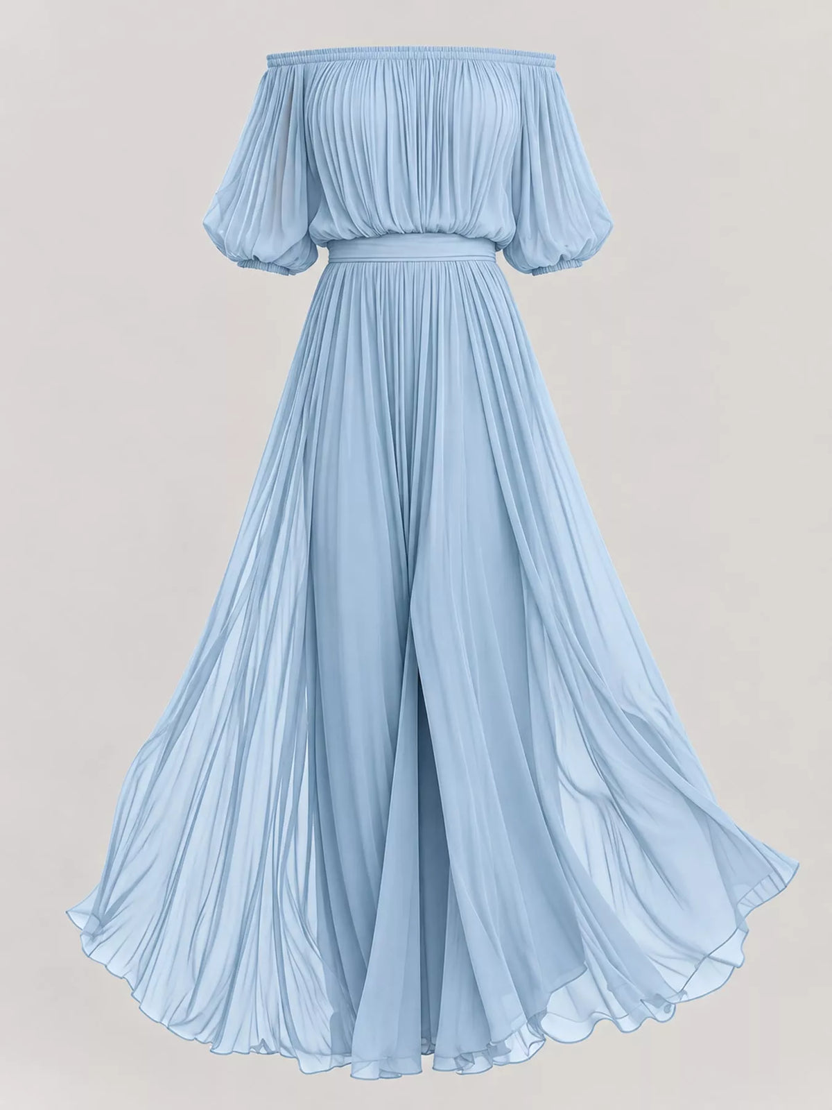Sky blue off-shoulder ruched chiffon maxi dress with ruched neckline and long tiered skirt