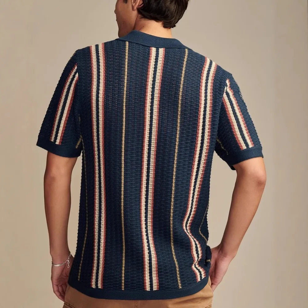 Dark navy striped short-sleeve shirt, back view