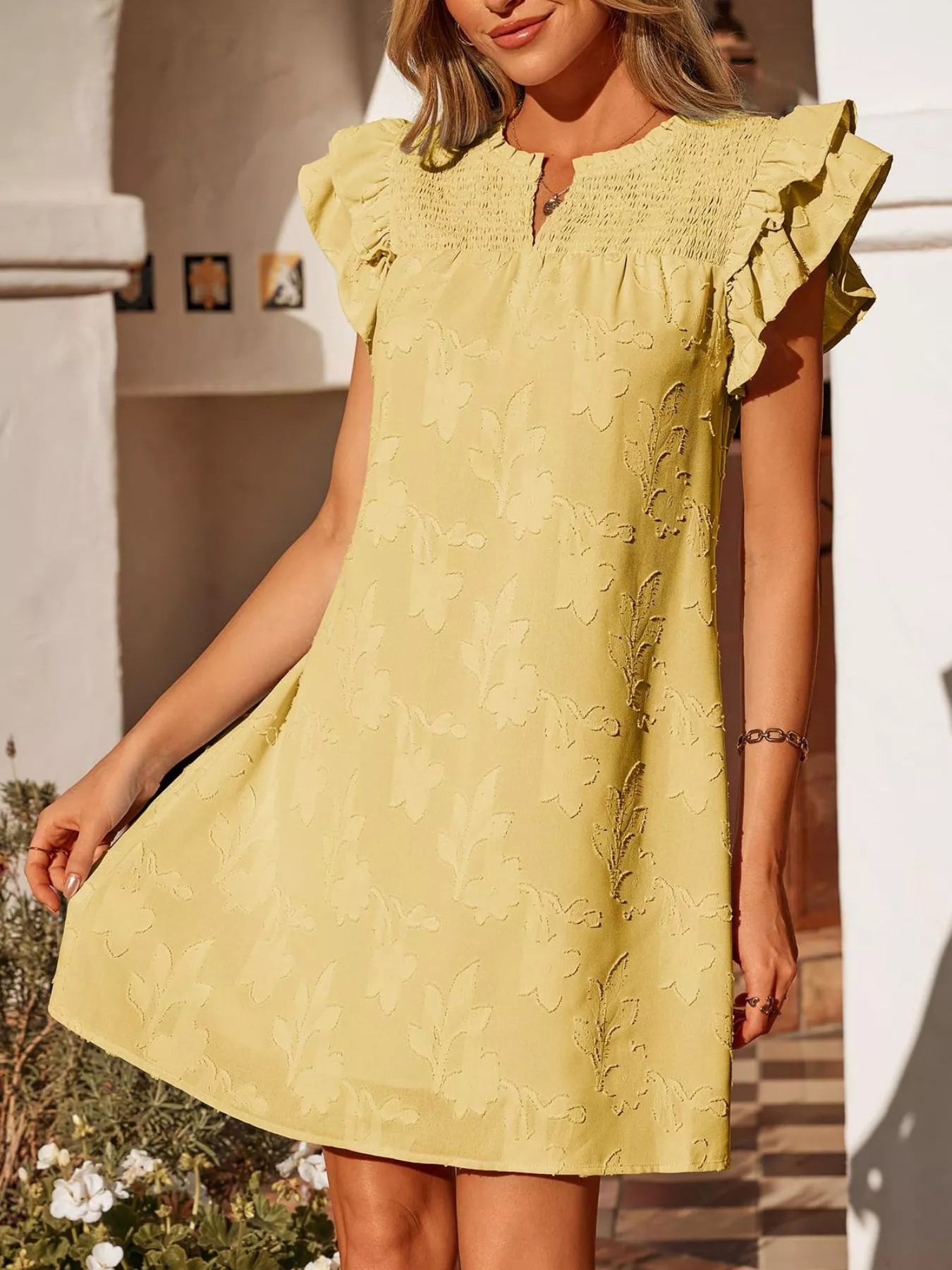 Floral Embossed Ruffle Sleeve Mini Dress, pale yellow with smocked bodice by Trendsi