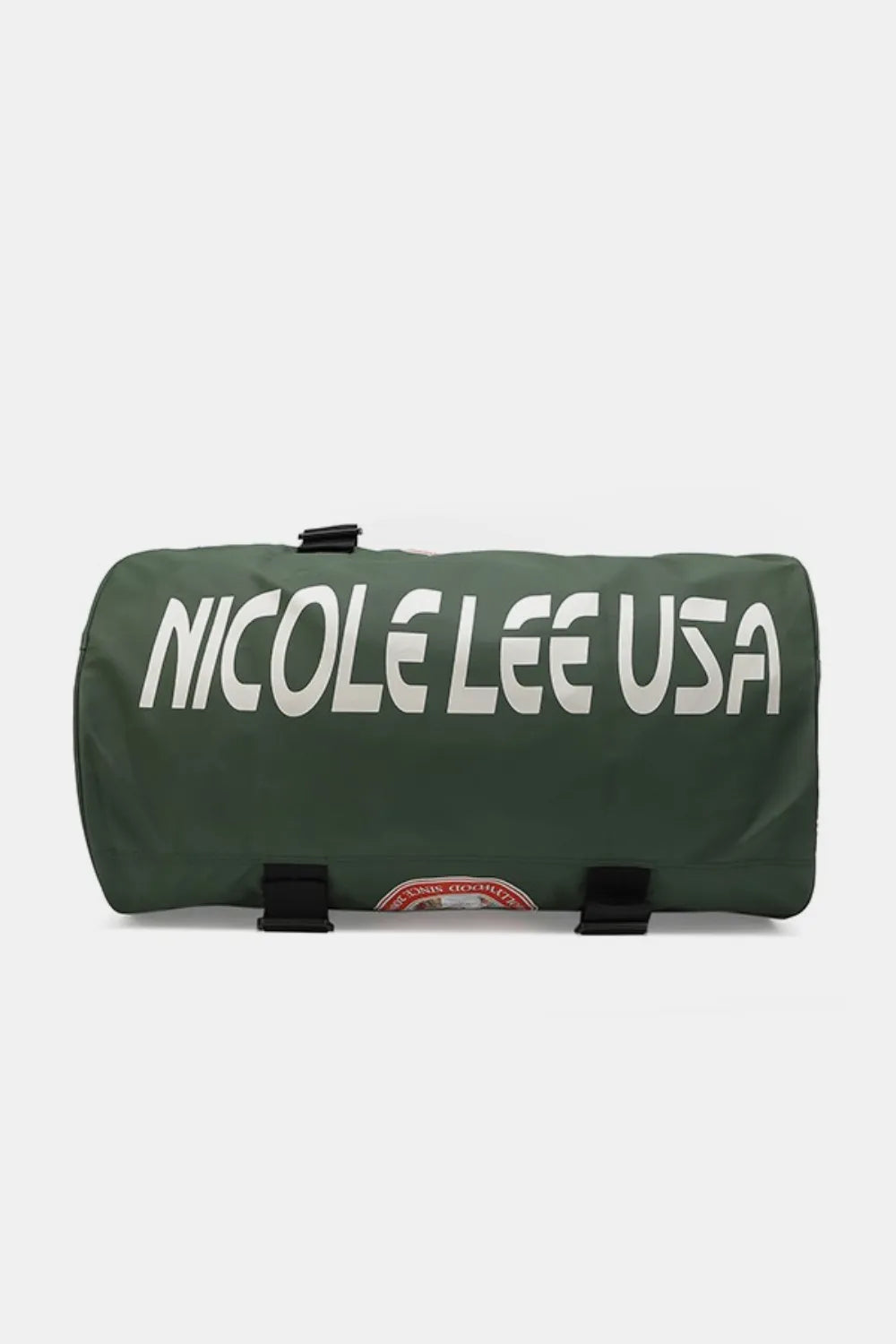 Green duffel bag with large front text logo and rectangular side straps