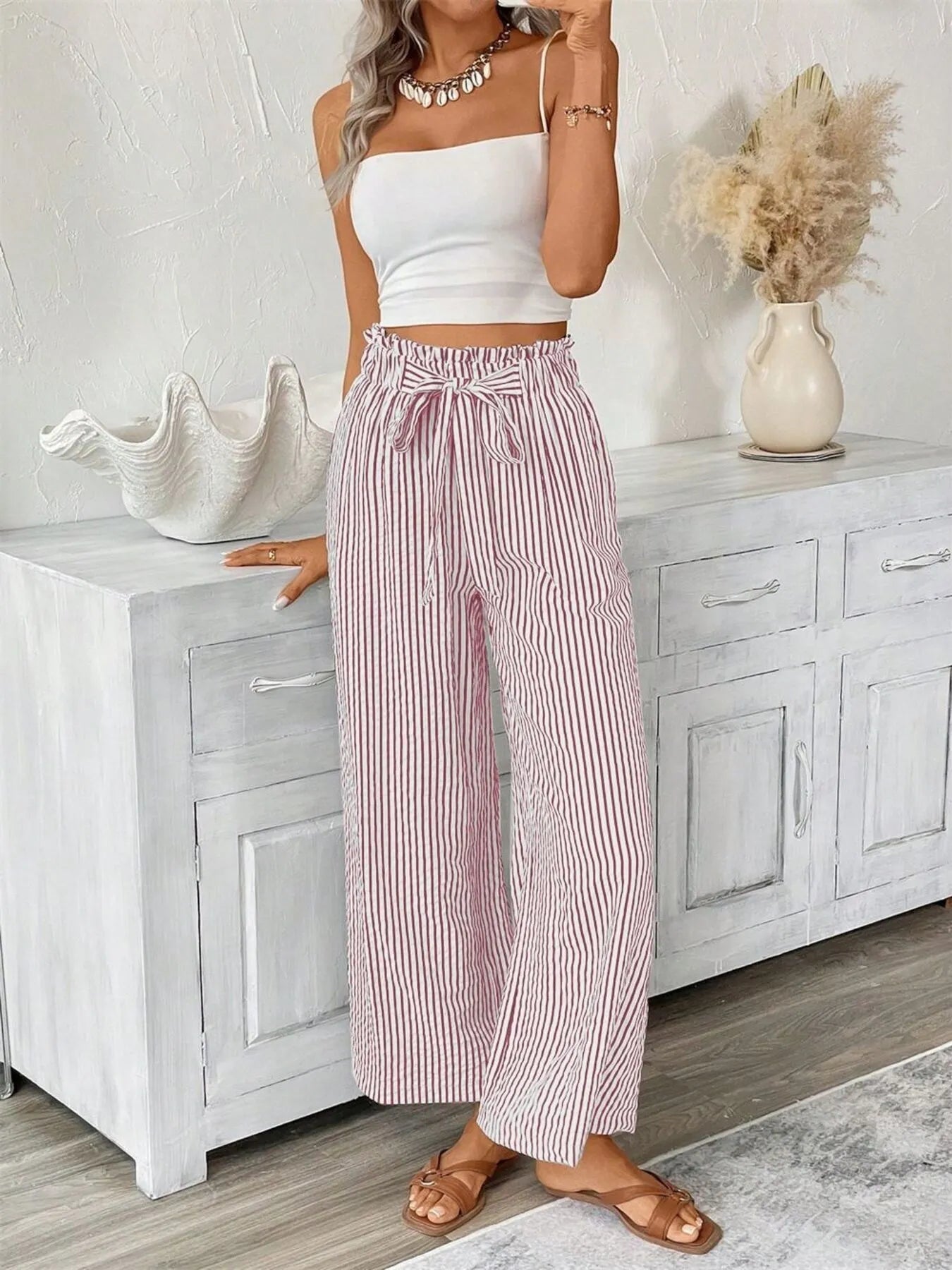 Striped paper bag waist wide-leg pants, dusty pink and white pinstripe, gathered top
