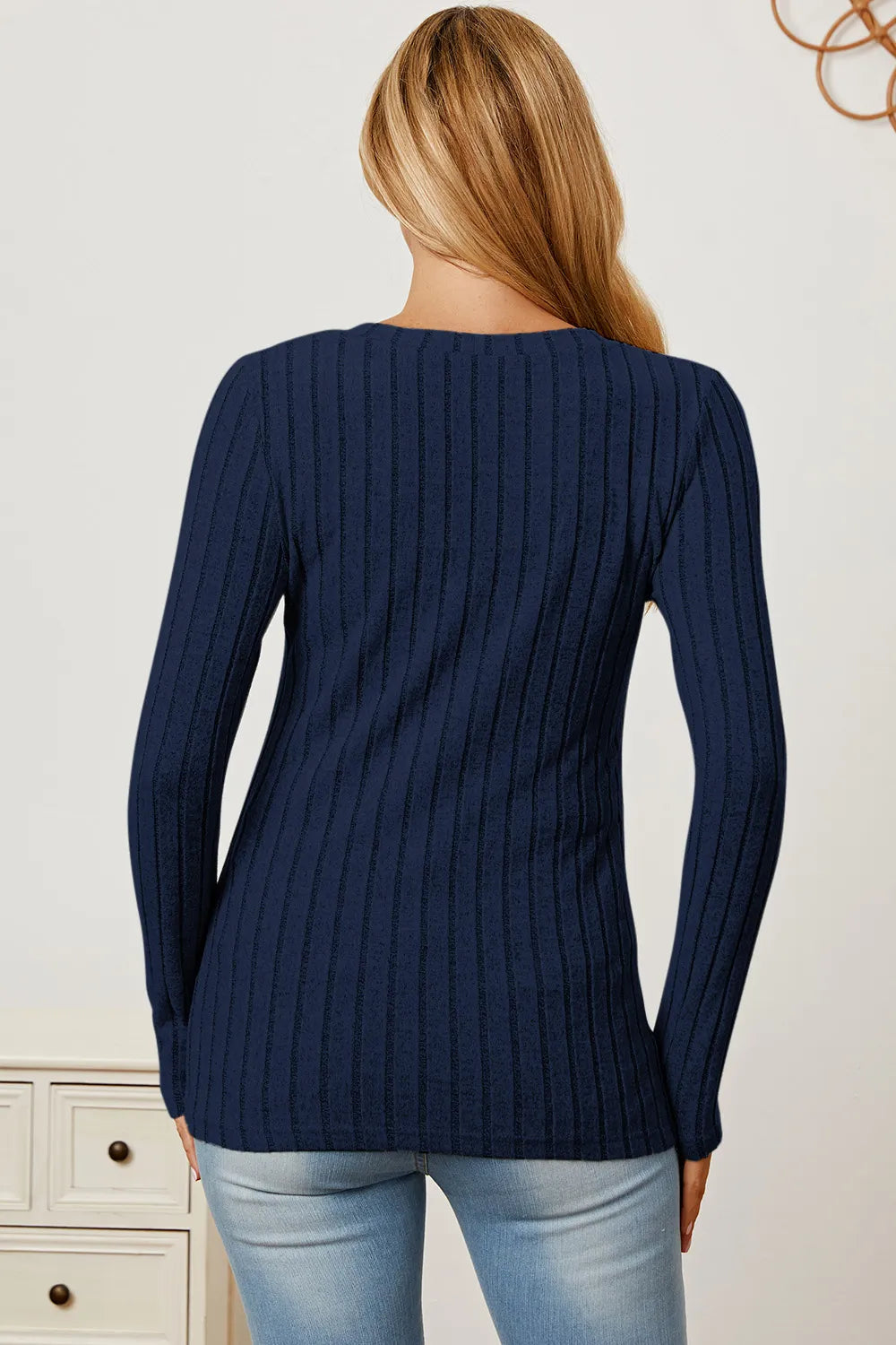 Cedar & Moore Basic Bae navy ribbed V-neck long-sleeve T-shirt, back view