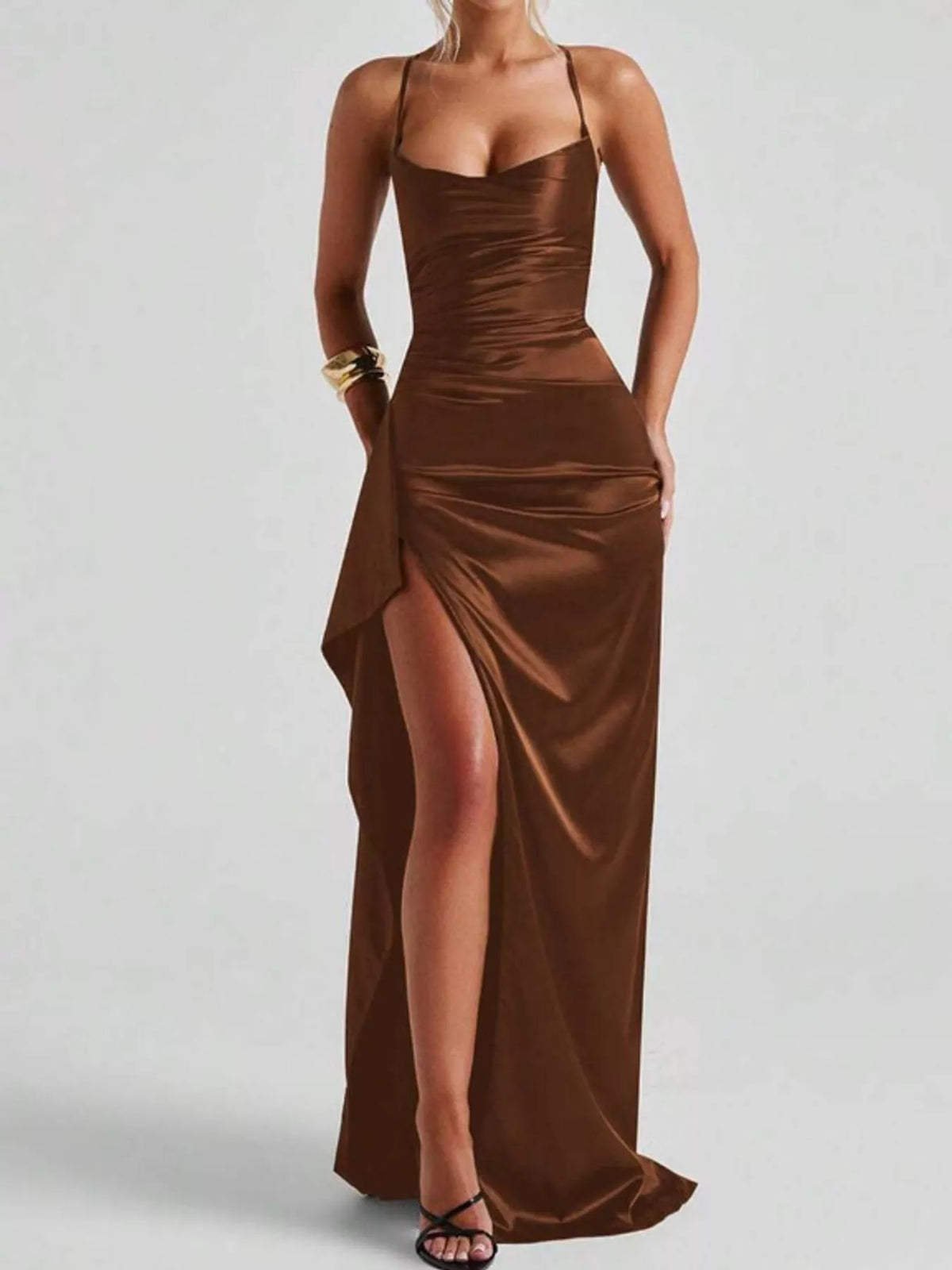 Dark brown satin ruched high side slit maxi dress with spaghetti straps
