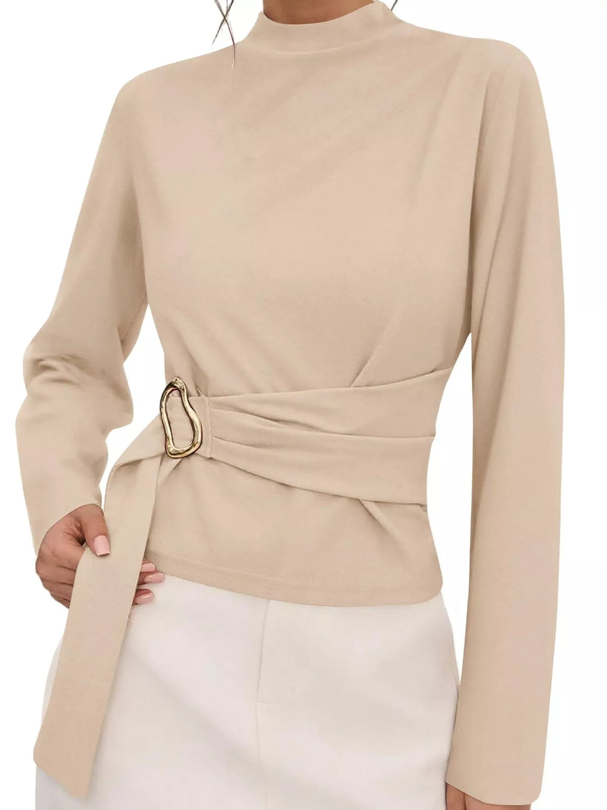 Apricot mock neck blouse with ruched waist and belted detail with gold ring