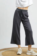 Dark gray drawstring wide-leg cropped pants, elastic waistband, side pockets