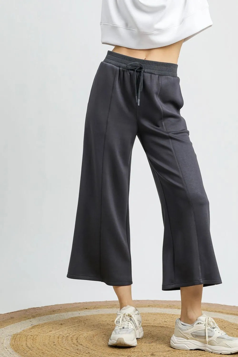 Dark gray drawstring wide-leg cropped pants, elastic waistband, side pockets