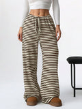 Striped wide-leg drawstring pants, dark and beige horizontal stripes, elastic waist