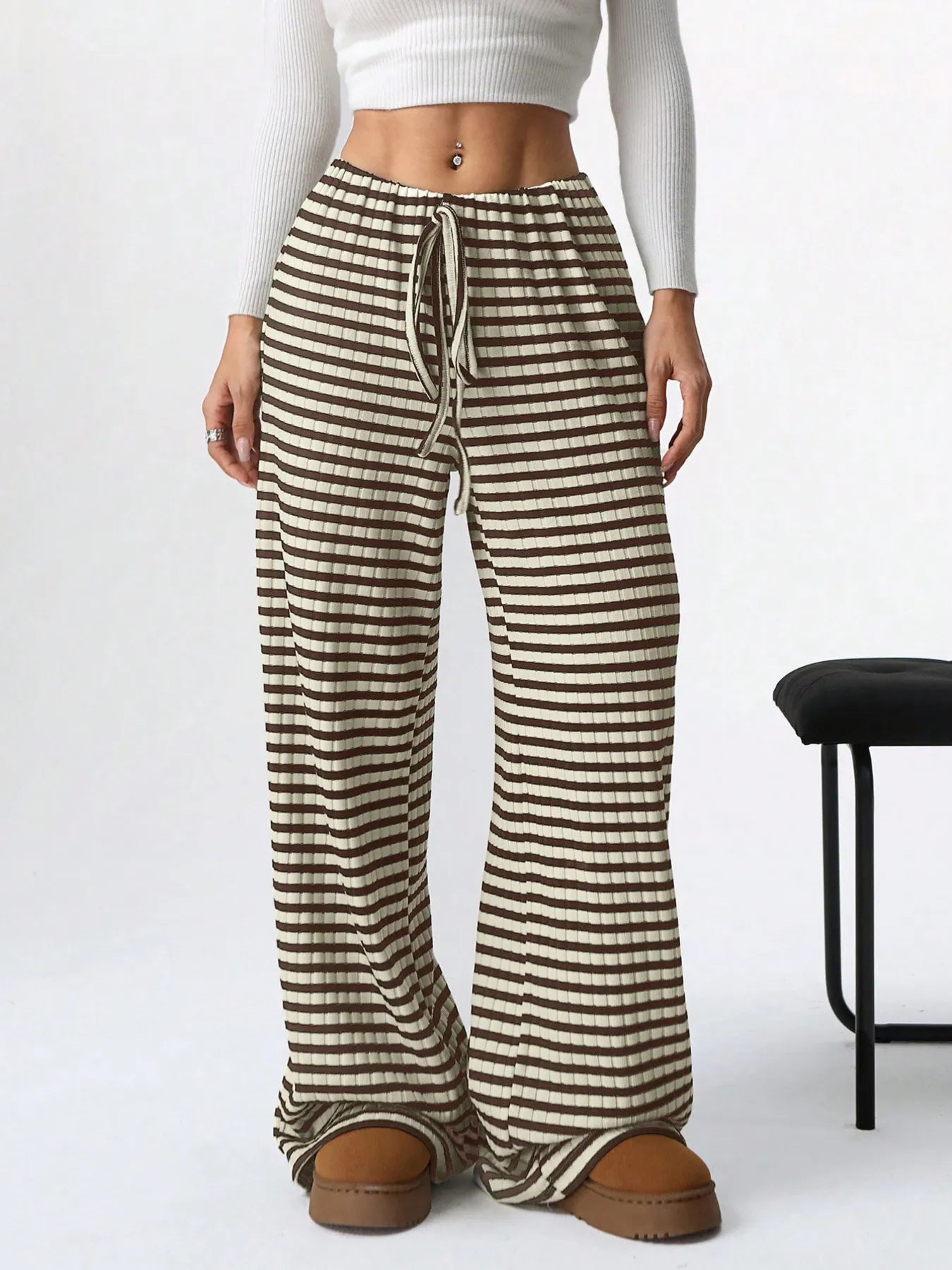 Striped wide-leg drawstring pants, dark and beige horizontal stripes, elastic waist