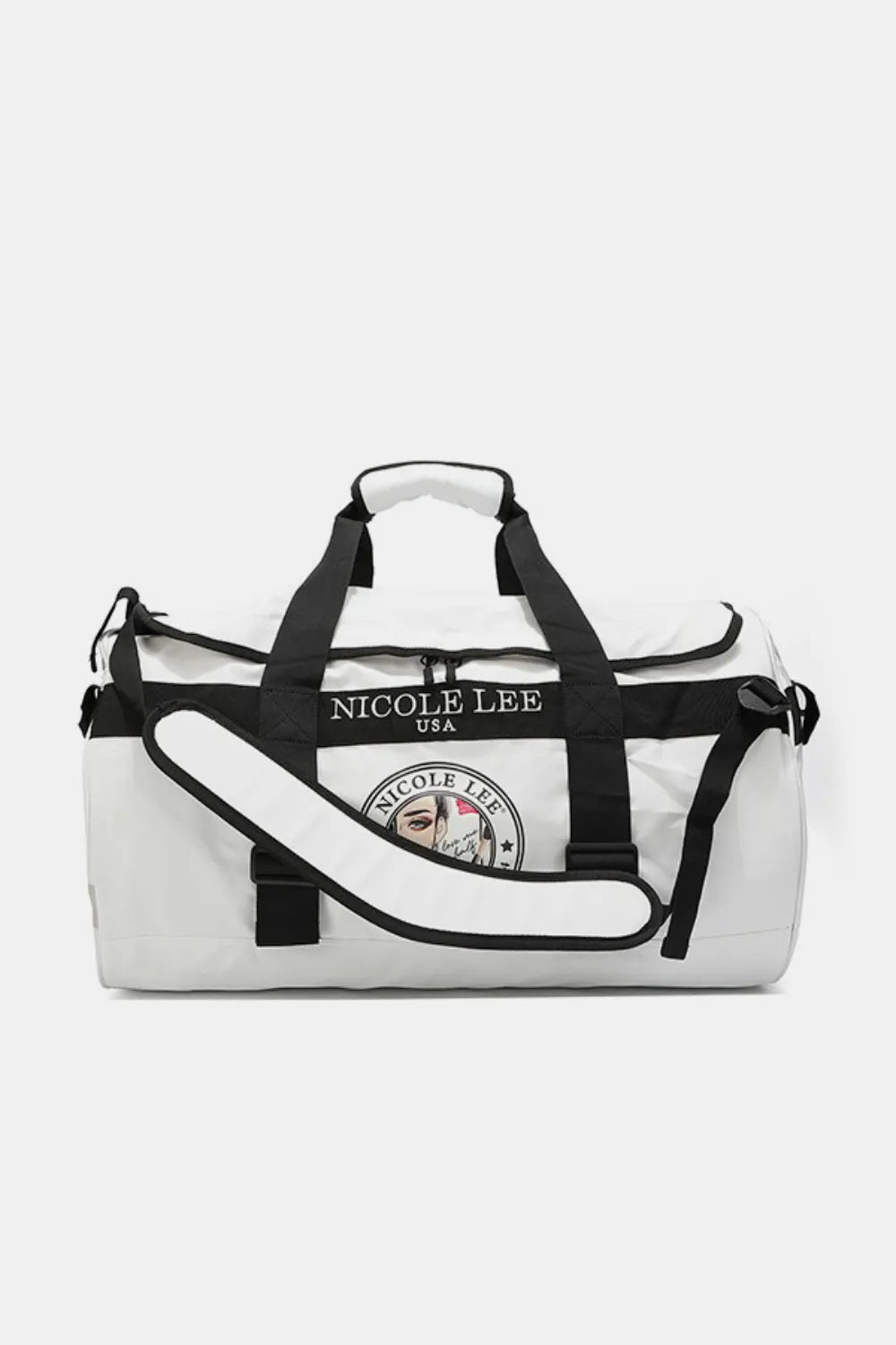 White large duffel bag with black straps and round front logo patch