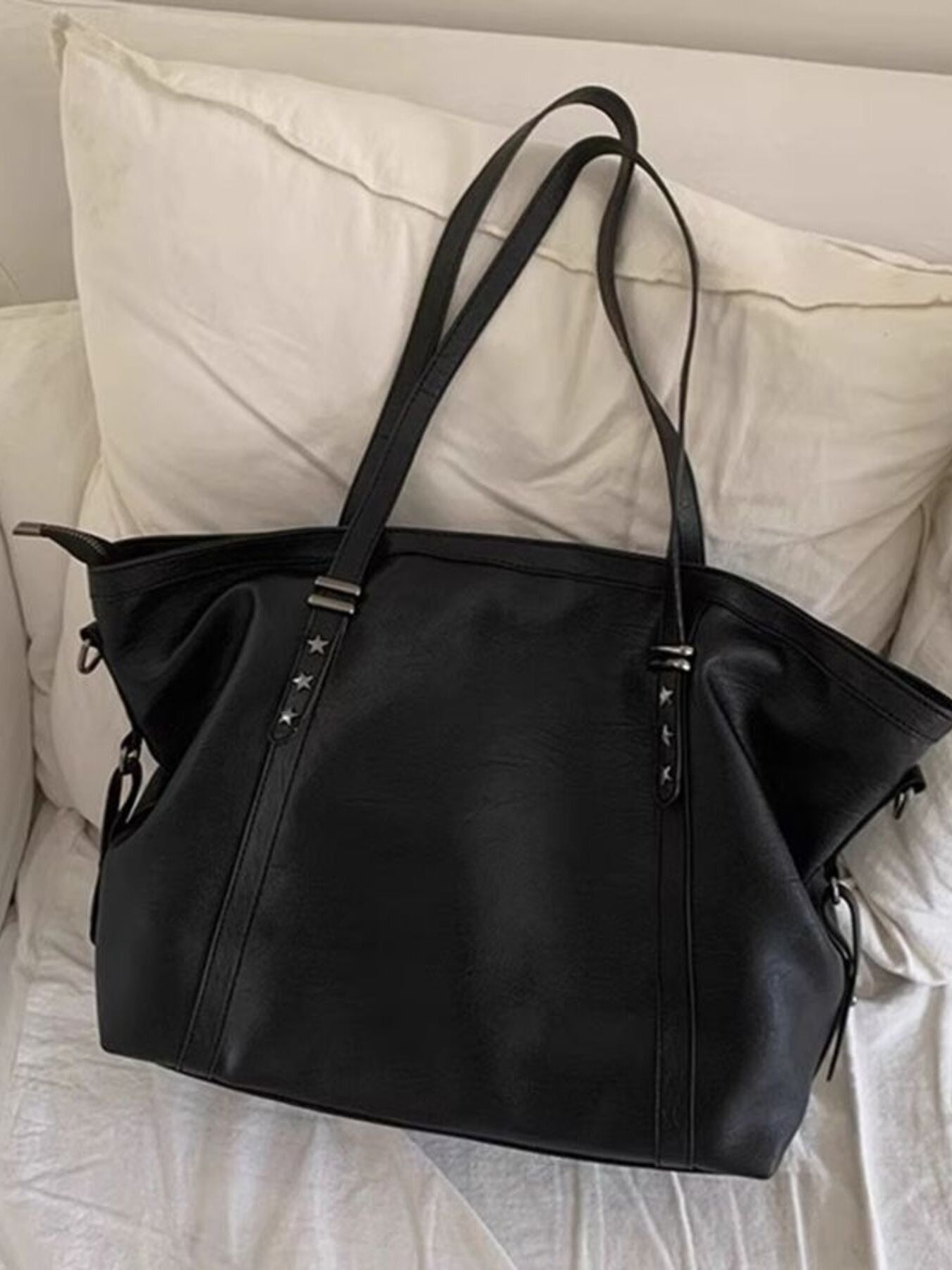 Star-Embellished PU leather shoulder bag by Trendsi, large black tote with double handles