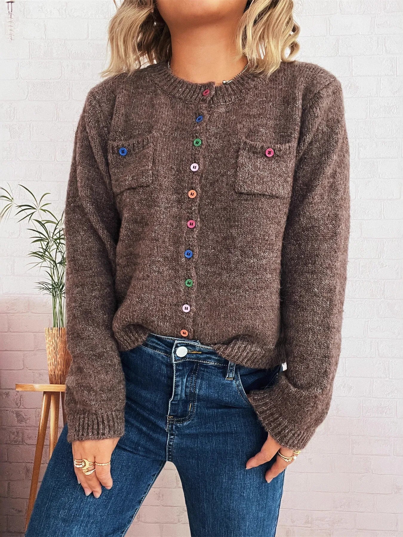 Brown cardigan sweater with chest pocket and multicolor button placket, long sleeves