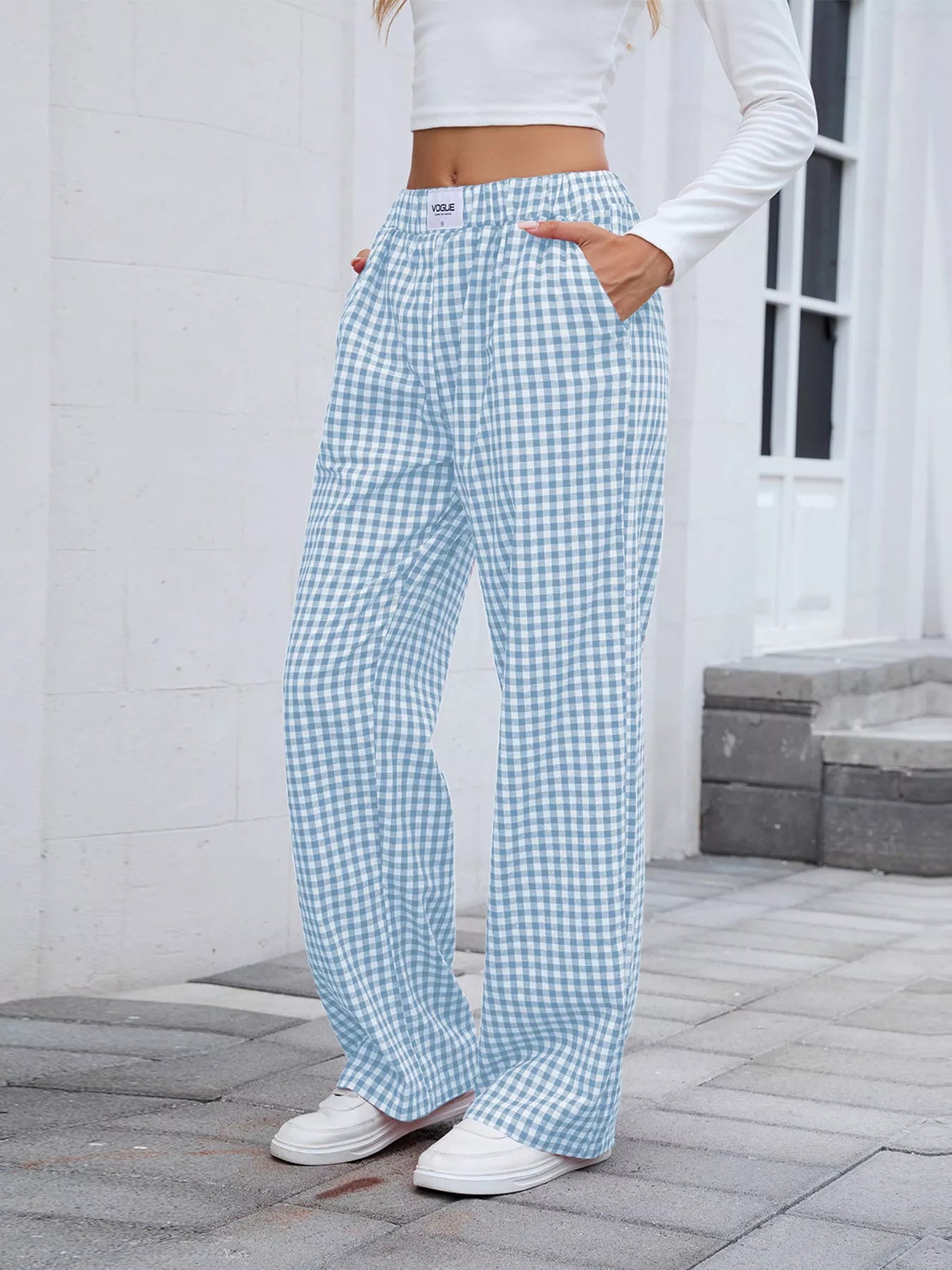 Light blue and white plaid wide-leg casual pants with elastic waist