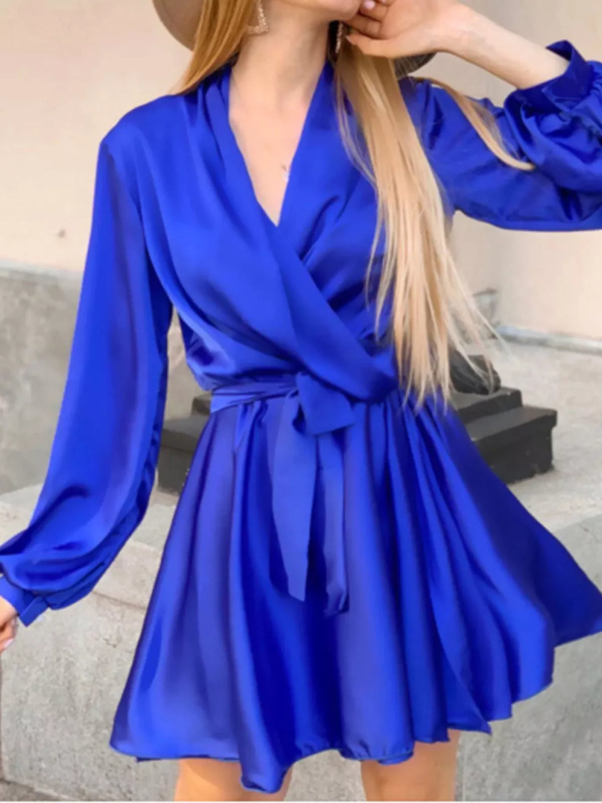 Royal blue satin surplice long-sleeve mini dress with tie waist and flared skirt