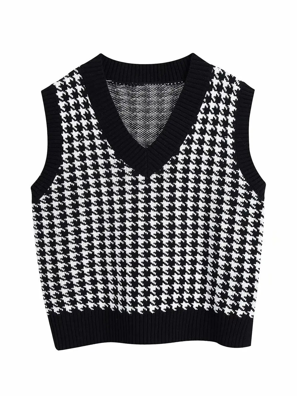 Black houndstooth V-neck sleeveless sweater vest with ribbed knit trim at neckline