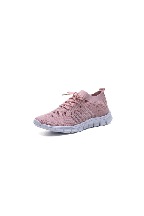 Pink breathable mesh lace-up athletic sneaker with round toe and cushioned sole