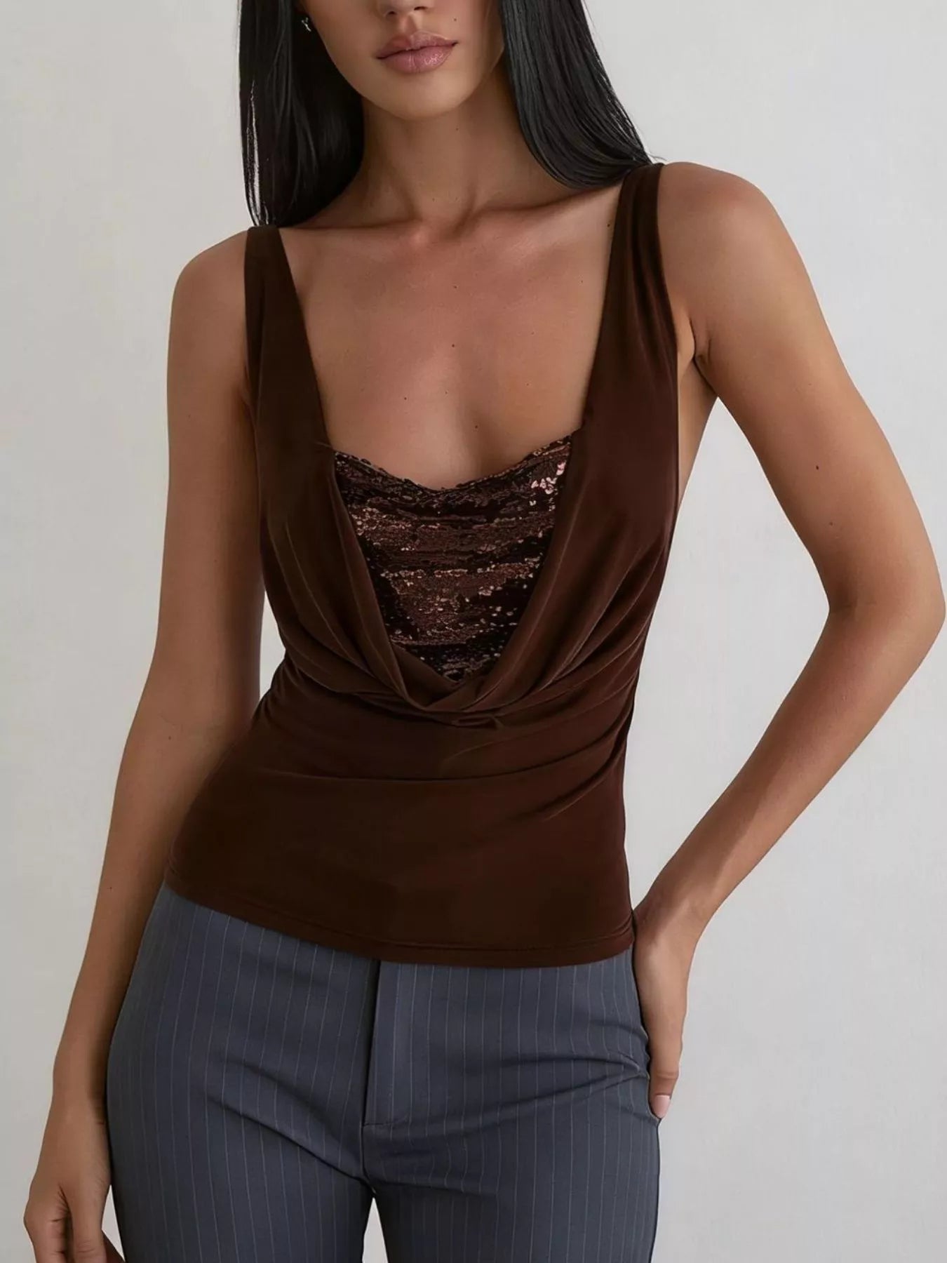Cedar & Moore Sequin Detail Ruched Tank - brown satin with lace underlayer