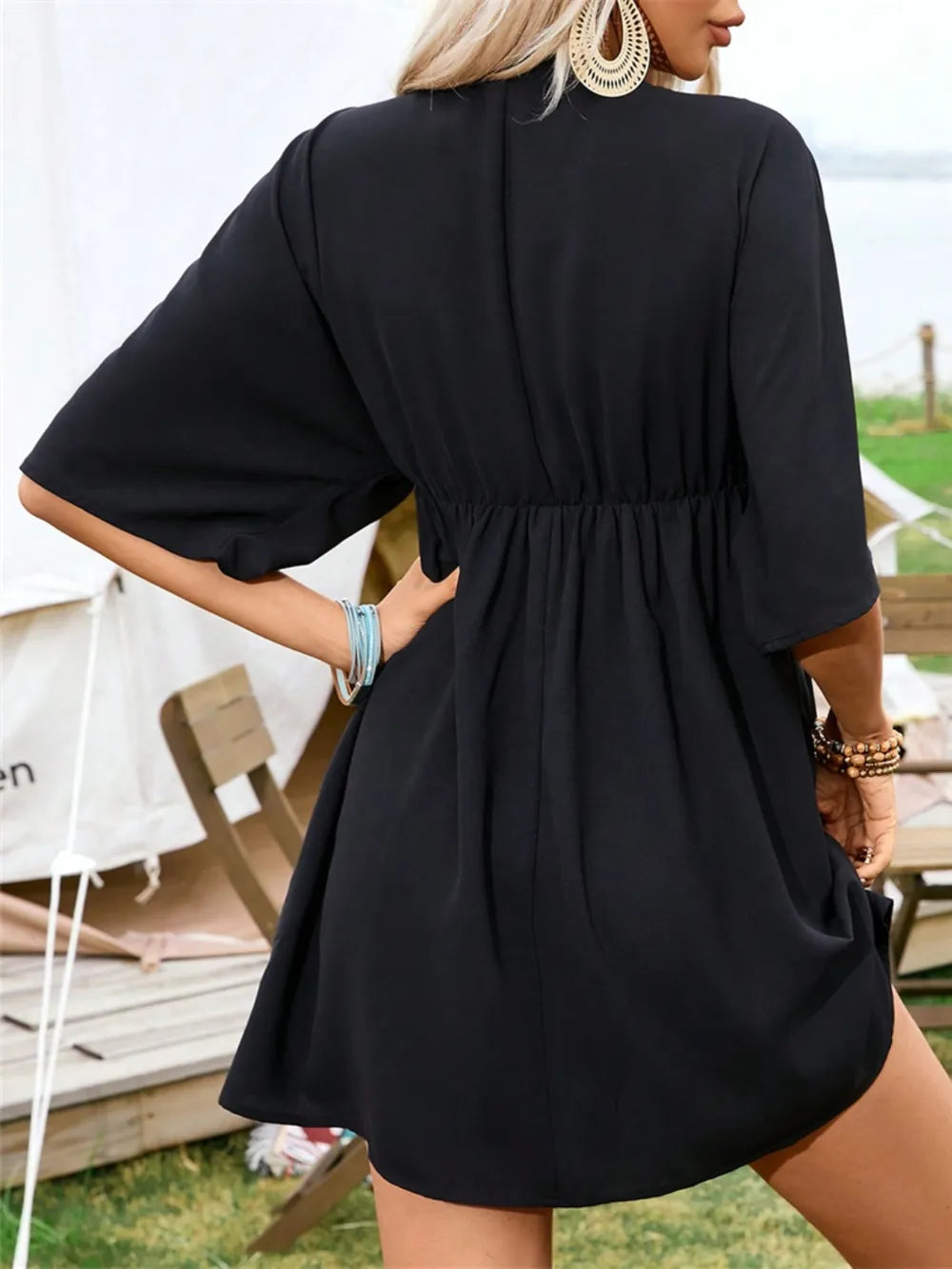 Embroidered Plunge Half-Sleeve Mini Dress, black, by Trendsi with elastic waist