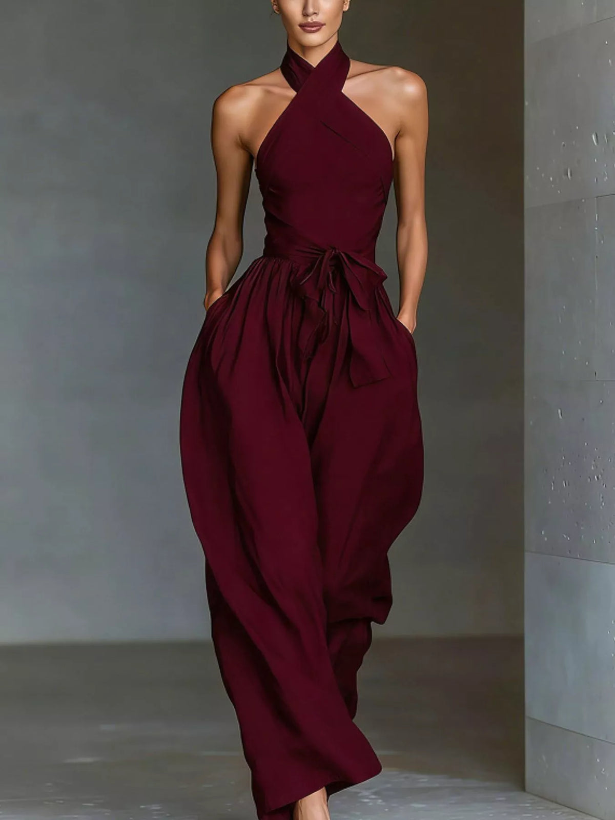 Wine red halter-neck jumpsuit with wide legs and tied waist bow