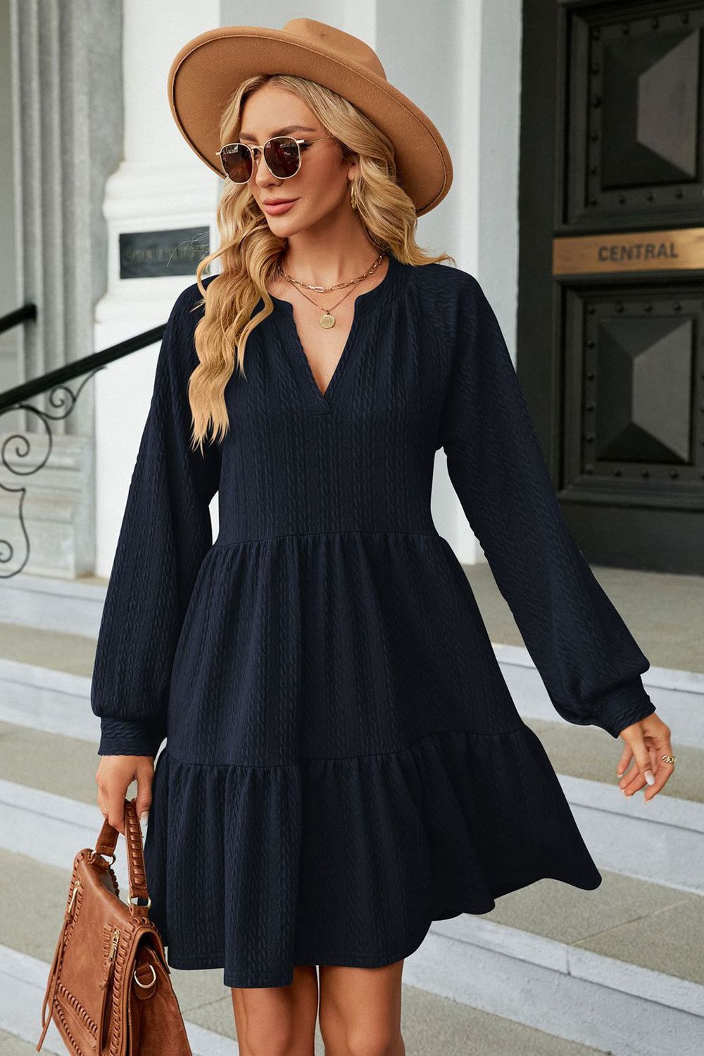 Dark blue notched neck long sleeve mini dress with tiered skirt